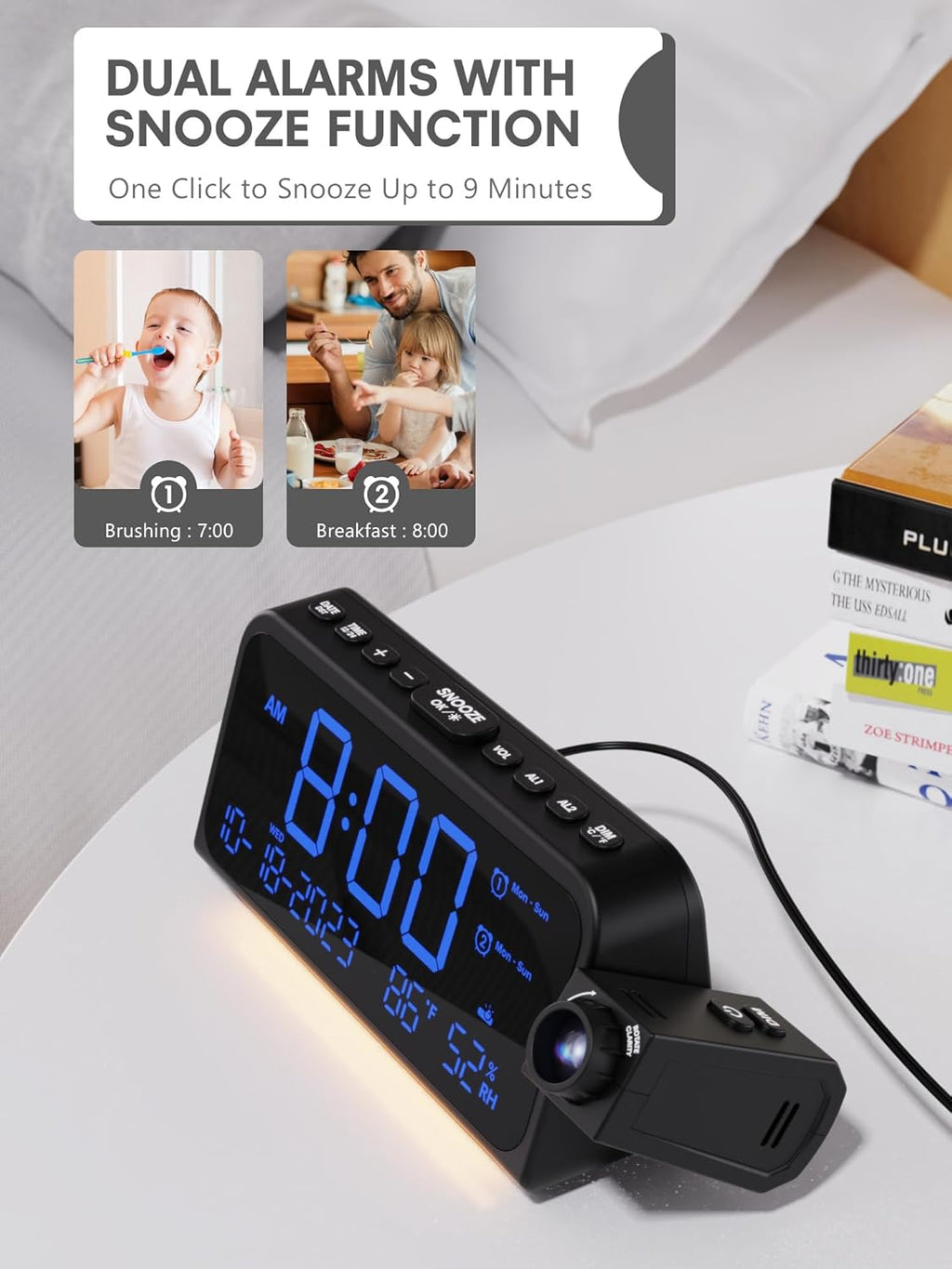 Mesqool Projection Alarm Clock for Bedroom Ceiling, Digital Clock Projector with Weekday/Weekend Mode, Date, Temperature, Humidity, Type-C USB Charger, Snooze, Dual Alarms, Dimmer,12/24H
