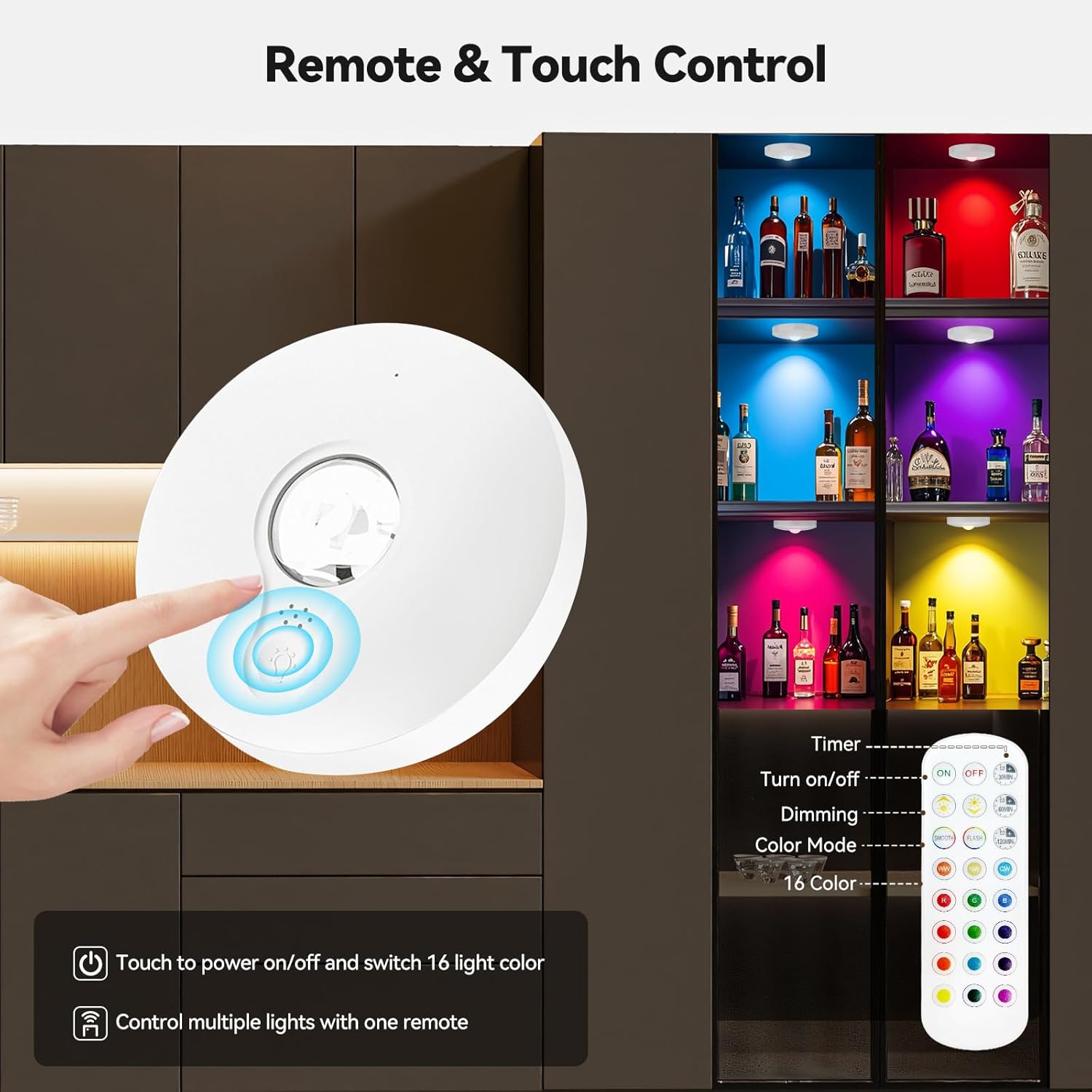 Rechargeable Puck Lights with Remote, 12 Pack Magnetic Under Cabinet Lighting, 1500mAh Battery Operated LED Tap Lights with Dimmer & Timmer for Kitchen, Closet, Shelf - 3 Color Temps & 12 RGB, White