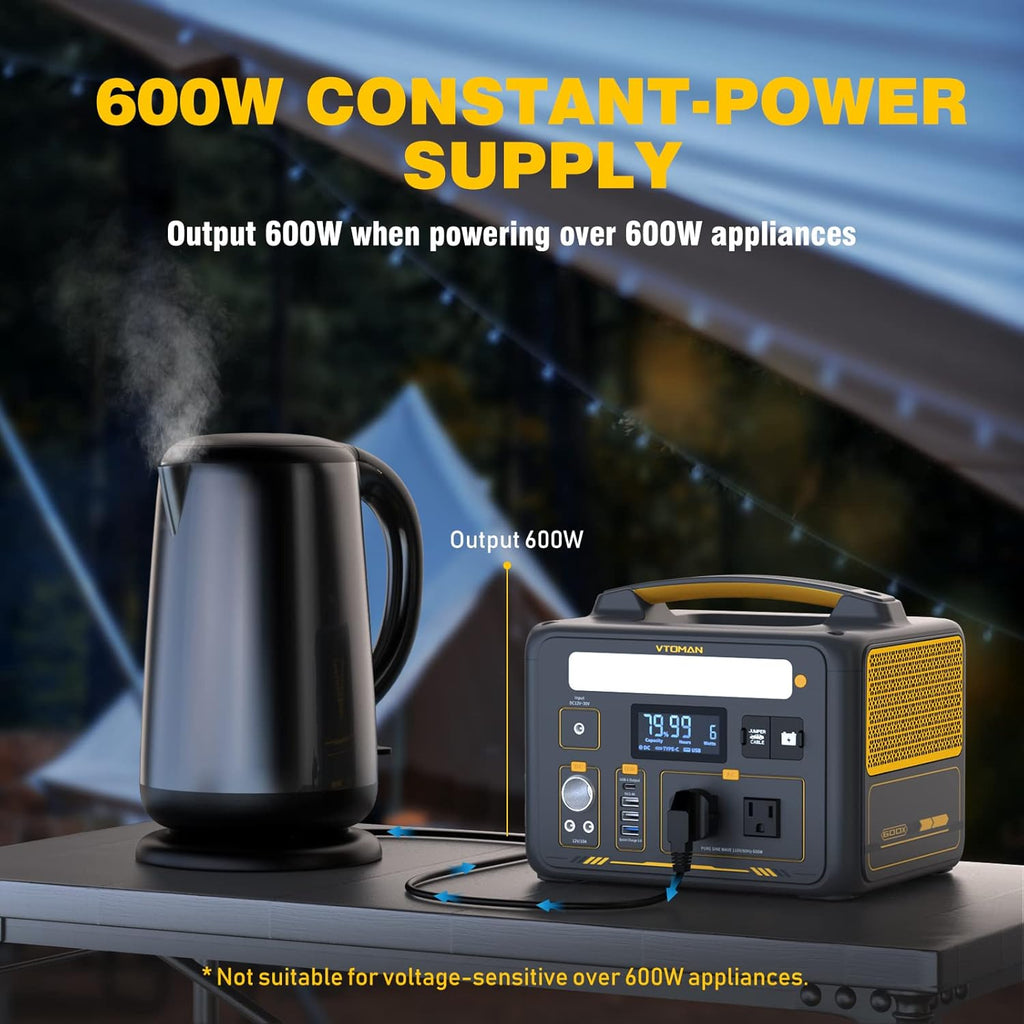 VTOMAN Jump 600X Portable Power Station with 110W Solar Panel, 600W/299Wh LiFePO4 Battery Solar Generator, 1200W AC Outlet, PD 60W USB-C, 3x Regulated 12V/10A DC for RV, Outdoor Camping, Home Backup