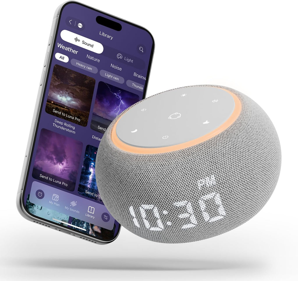 White Noise Sound Machine for Sleep, Dual-Stage Alarm&Snooze, Smart App Control, Custom Buttons, 500+ Non Looping Soothing Sounds, Dimmable Clock, Timer, Night Light, Lullaby, for Baby Adults Kids