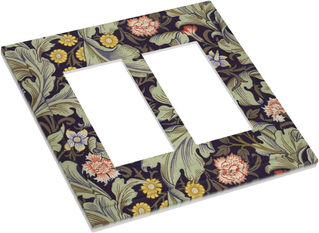 Boho William Morris Floral Green Leaves Flower Decorative Outlet Covers 2 Gang Double GFCI Rocker Electrical Wall Panels Light Switch Cover Plate for Farmhouse Home Decor