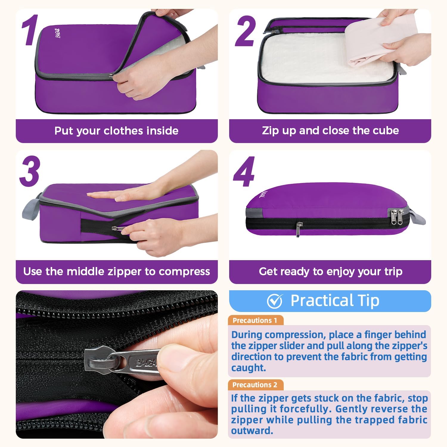 BAGAIL 4 Set/6 Set/8 Set Compression Packing Cubes Travel Accessories Expandable Packing Organizers (Cloth Pattern, 4-Purple)