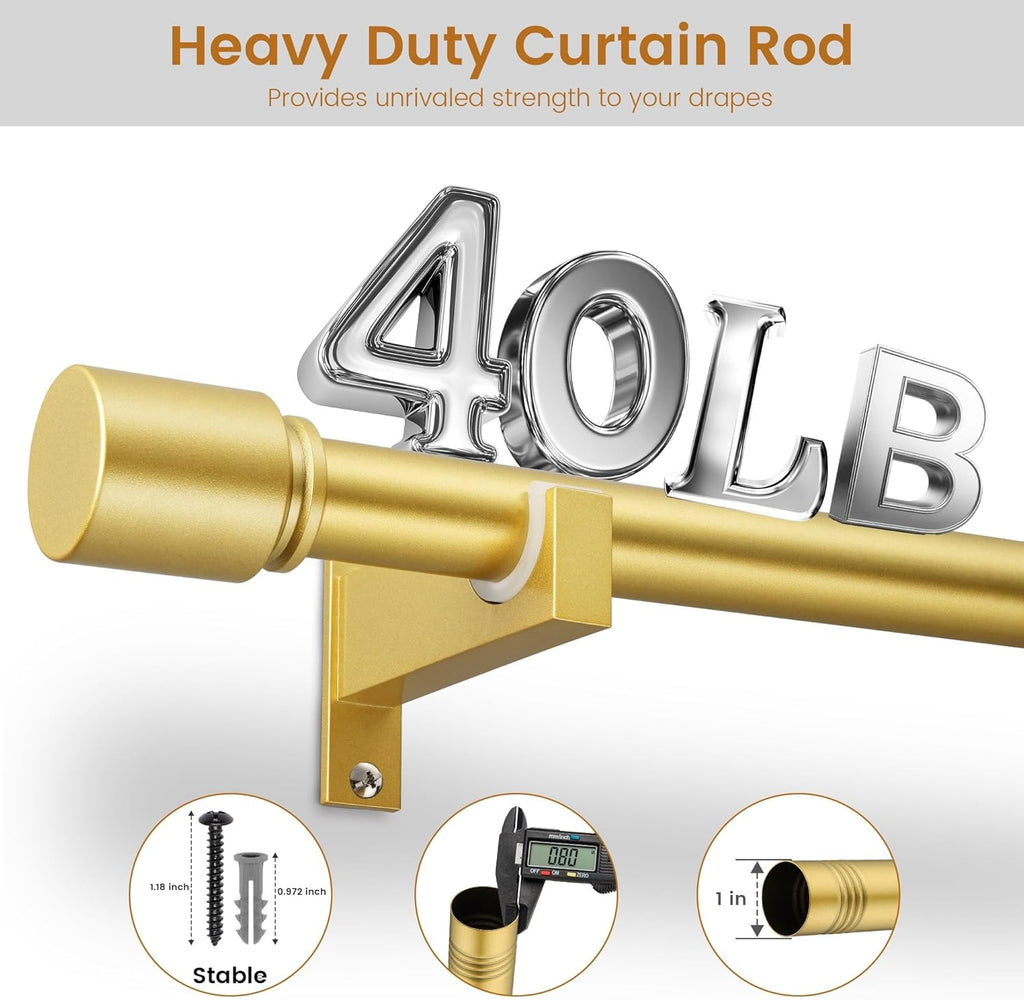 Gold Aluminium Curtain Rods for Windows,1 Inch Adjustable Curtain Rod 48 to 84 Inch,Heavy Duty Drapery Rods with Thicken Bracket,Modern Single Rod with Aluminium Finials