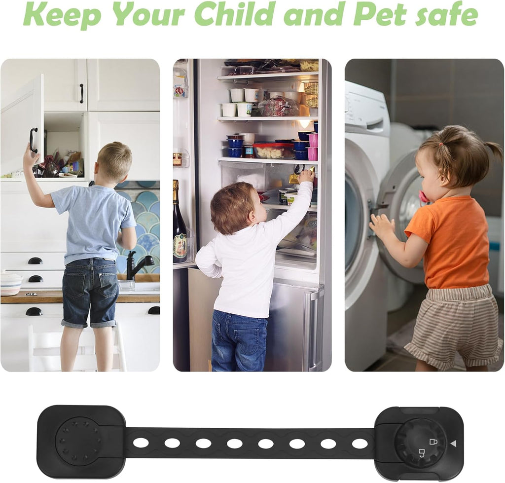 Songaa Child Safety Cabinets Strap Locks 4 Pack - Adjustable Baby Proofing Cabinet Latches for Drawers, Oven, Dishwasher, Fridge, Toilet Seat, Trash Can, with 3M Adhesive Pads - Black