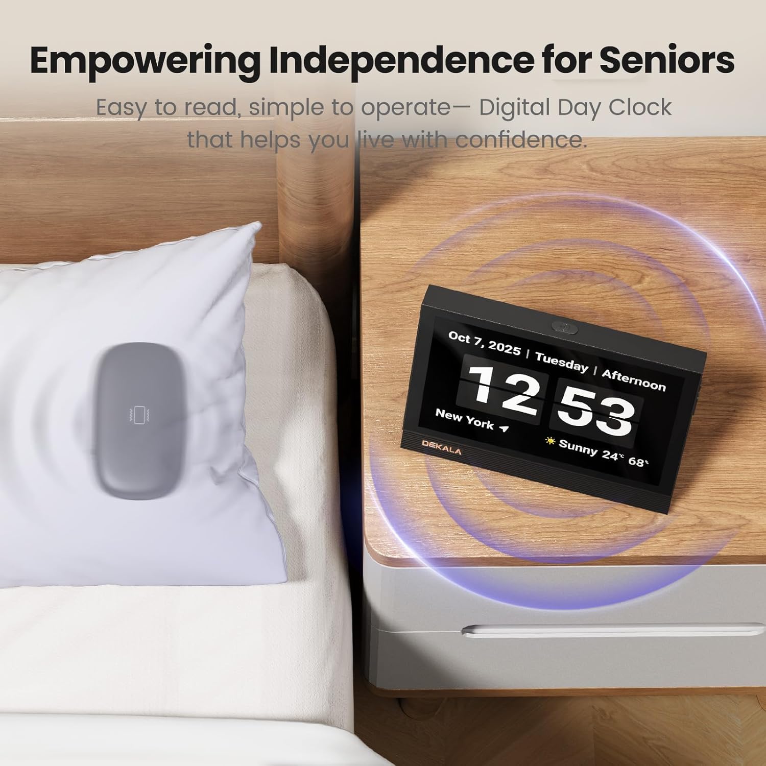 Dekala ClearTime 10.1" Large Display Digital Wall Calendar Clock, TouchScreen Voiced Alarm Clock for Bedroom Medication Reminder, WiFi Weather Display Auto DST for Adult Senior Dementia Heavy Sleepers