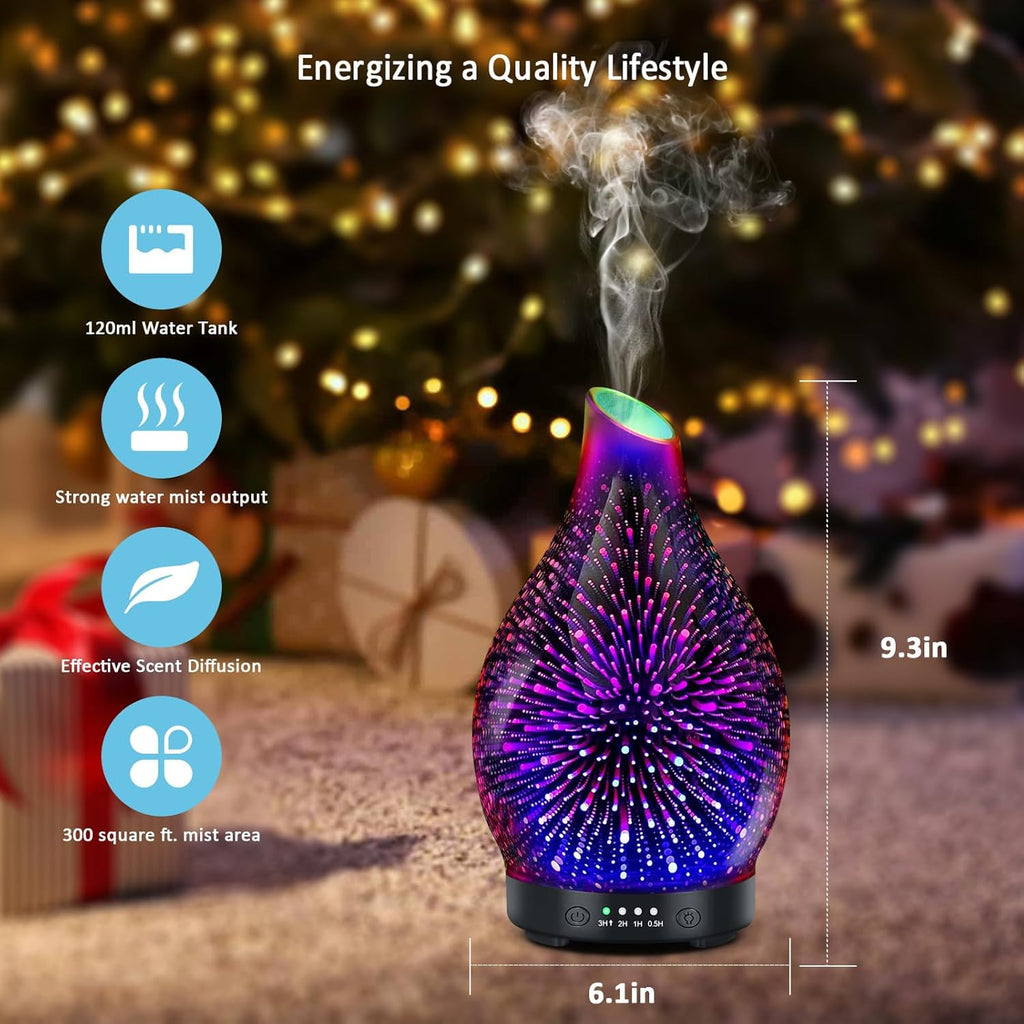 Essential Oil Diffuser 120ML -3D Firework Glass Aromatherapy Diffusers for Essential Oils with 4 Timer Setting Auto Shut-Off Silent Operation 7 Colors Lights Changing for Room, Office, Yoga