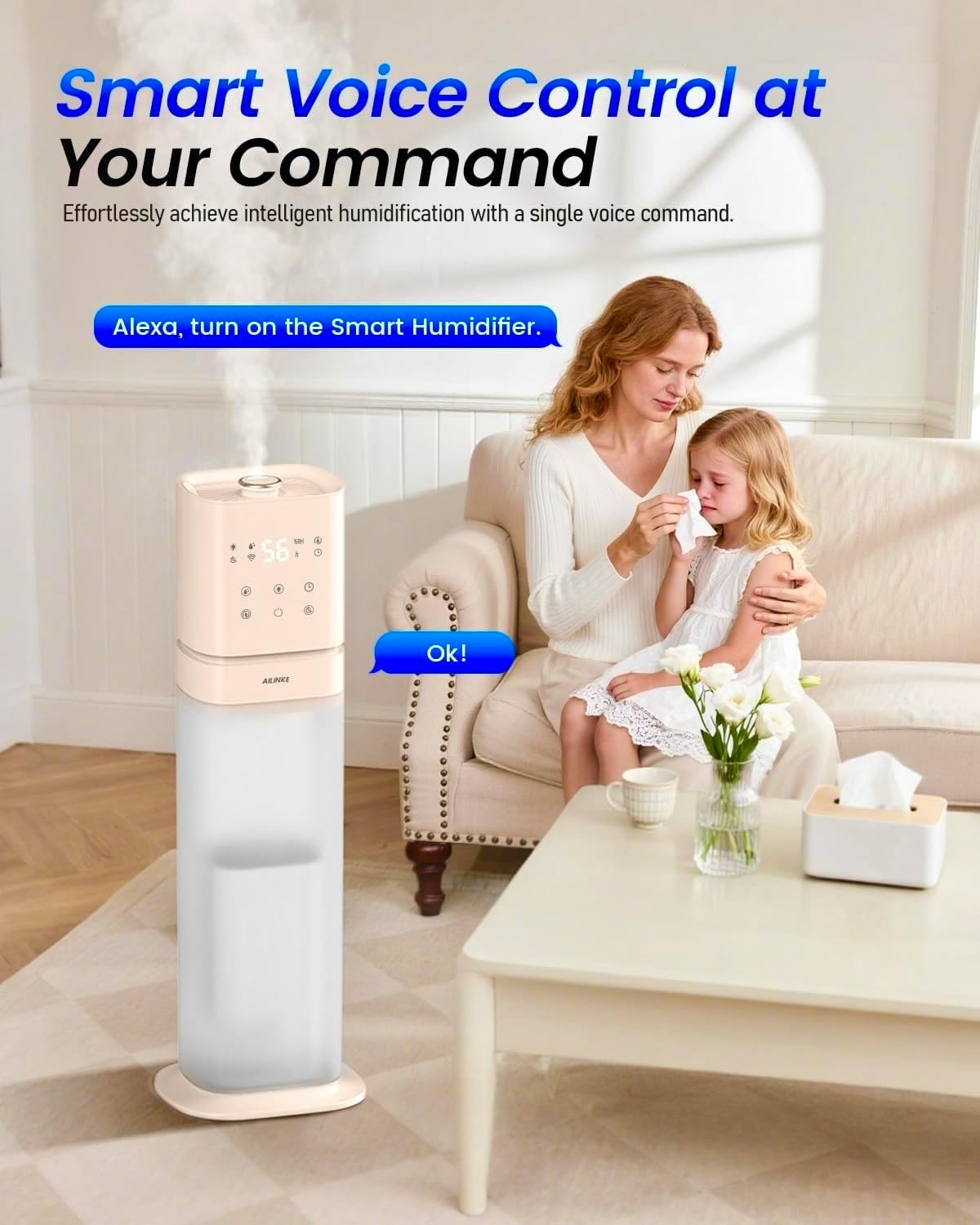 Smart Humidifier Large Room, 2.1Gal/8L Humidifiers for Bedroom with Extended Tube&Night Light, Whole House Cool Mist Humidifiers, WIFI App&Voice Control, School/Office/Warehouse, Pale Pink