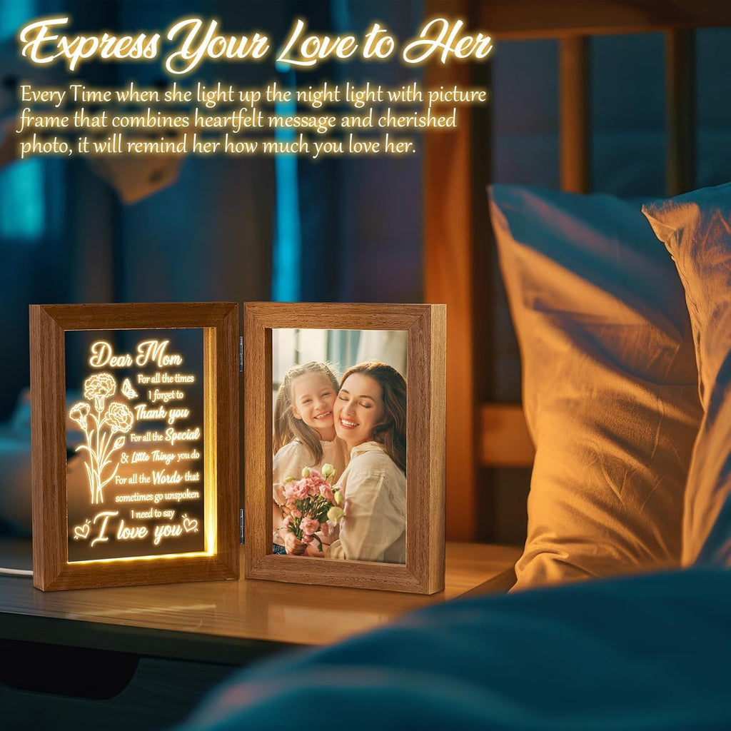 Mom Gifts from Daughters Son Unique Christmas Gifts for Mom, Engraved Night Light with Mommy Picture Frame 5x7 Solid Wood, Mother-in-Law Gift from Daughter-in-Law, Birthday New Mama Gift for Women