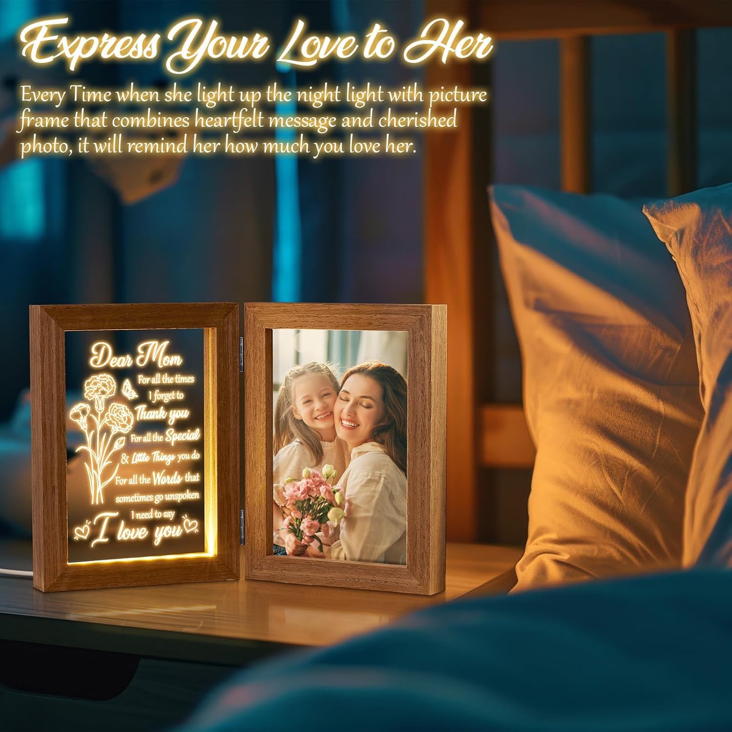 Mom Gifts from Daughters Son Unique Christmas Gifts for Mom, Engraved Night Light with Mommy Picture Frame 5x7 Solid Wood, Mother-in-Law Gift from Daughter-in-Law, Birthday New Mama Gift for Women