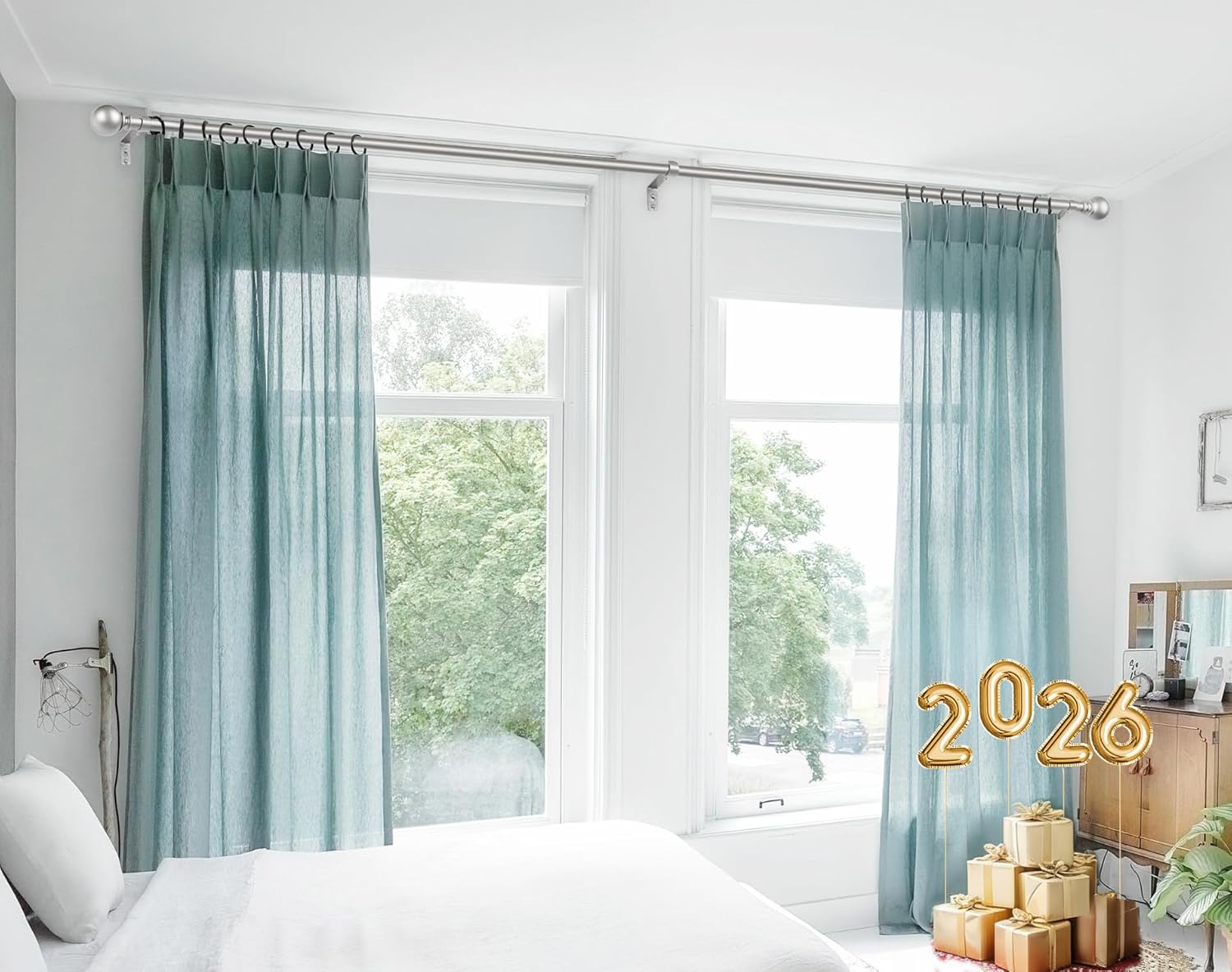 KAMANINA Long Curtain Rods for Windows 72 to 144 Inches, Silver Curtain Rod 32 to 144 Inches (2.6-12ft), 7/8 Inch Decorative Drapery Rods with Round Finials