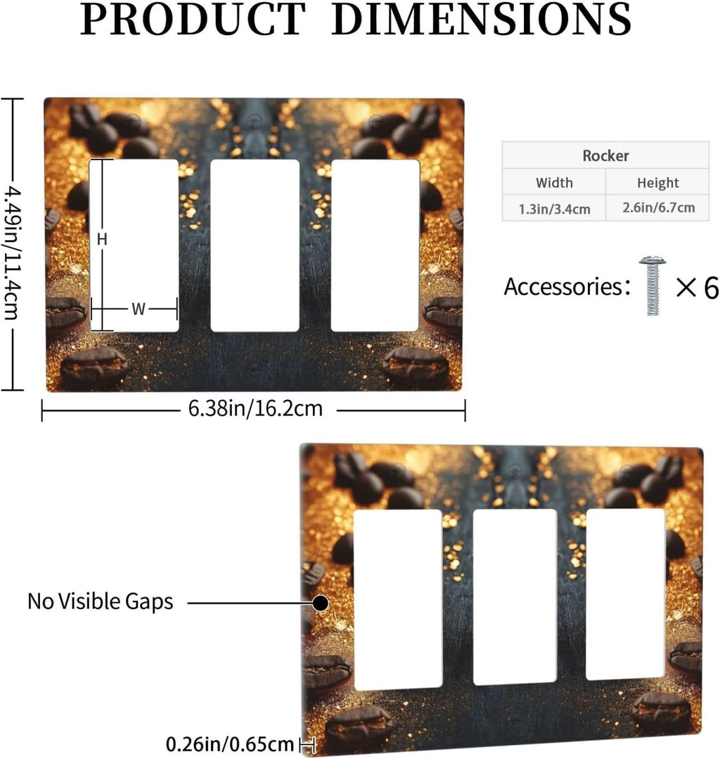 Decorative Outlet Covers Black Wood Board Gold Dust Coffee Beans 3 Gang Wall Plate Triple Rocker Light Switch Cover Plate Jumbo Electrical GFCI Face Plate for Caffee Room