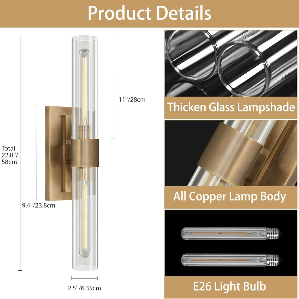YUYI Wall Sconce, 22.8'' Brass Sconce Wall Lighting, Gold Bathroom Wall Light Fixture with Clear Glass Shade, Indoor Wall Sconce for Bathroom Vanity, Living Room, Bedroom, Hallway, Fireplace