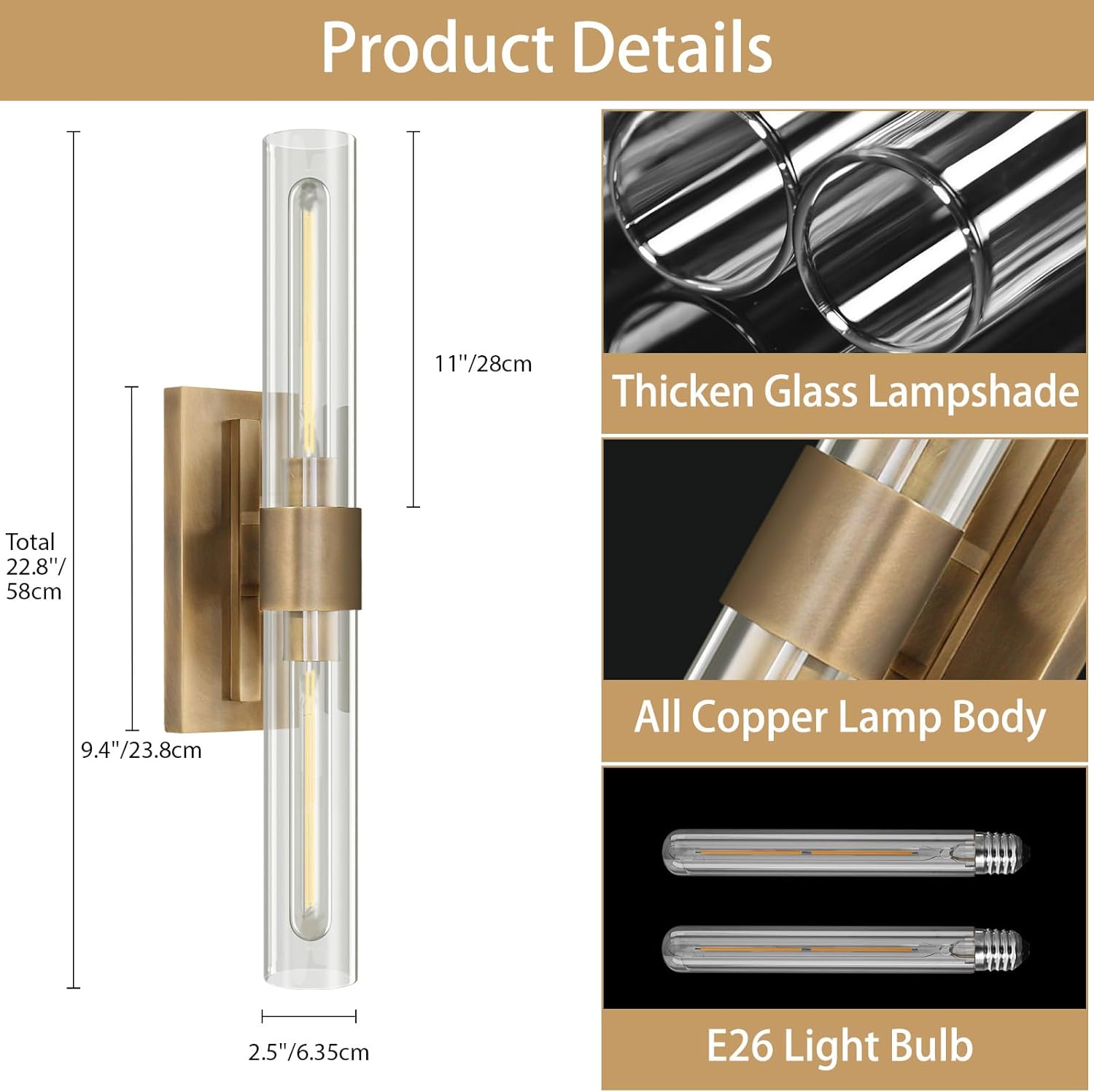 YUYI Wall Sconce, 22.8'' Brass Sconce Wall Lighting, Gold Bathroom Wall Light Fixture with Clear Glass Shade, Indoor Wall Sconce for Bathroom Vanity, Living Room, Bedroom, Hallway, Fireplace