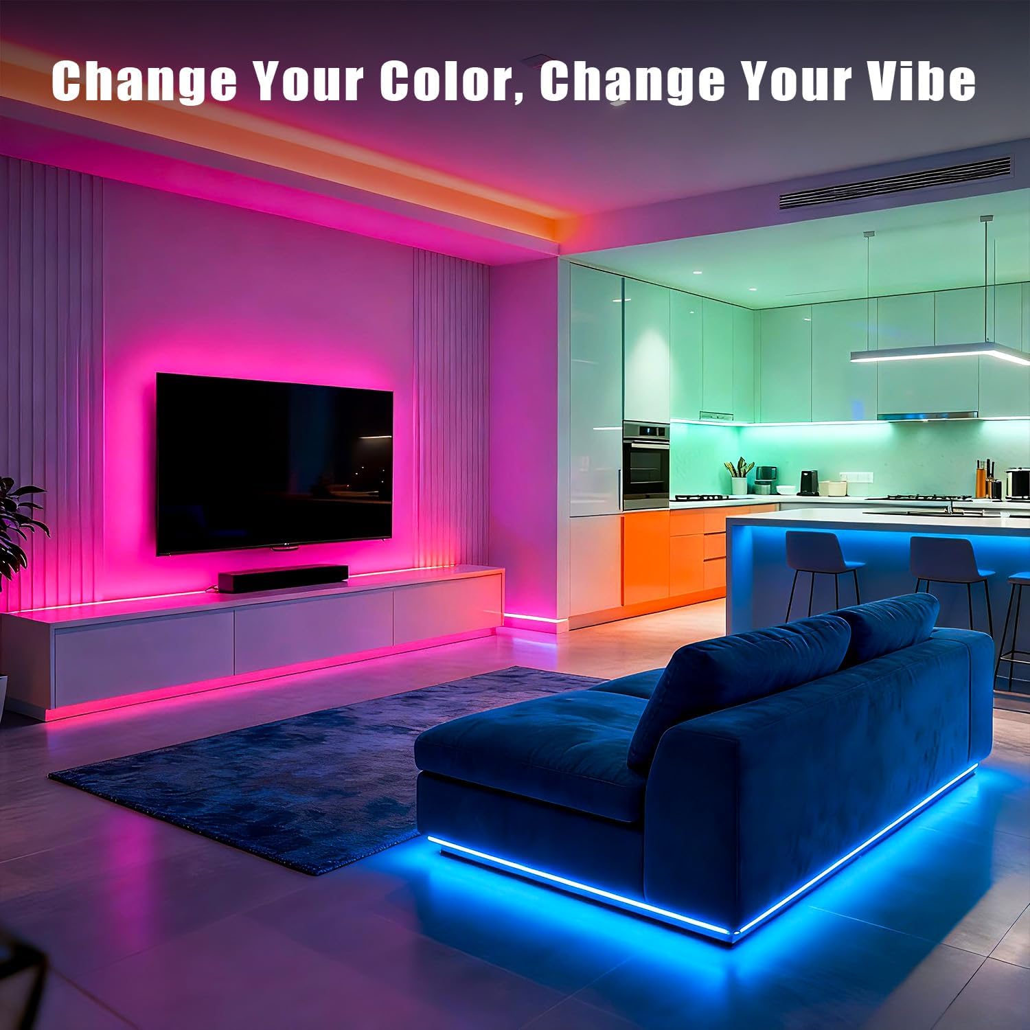 DAYBETTER 150ft Led Light Strips (2 Rolls of 75ft) with 24V Power Supply，Music Sync RGB Color Changing Lights for Bedroom, Desk, Home Kitchen Party Decoration with App & Remote Control
