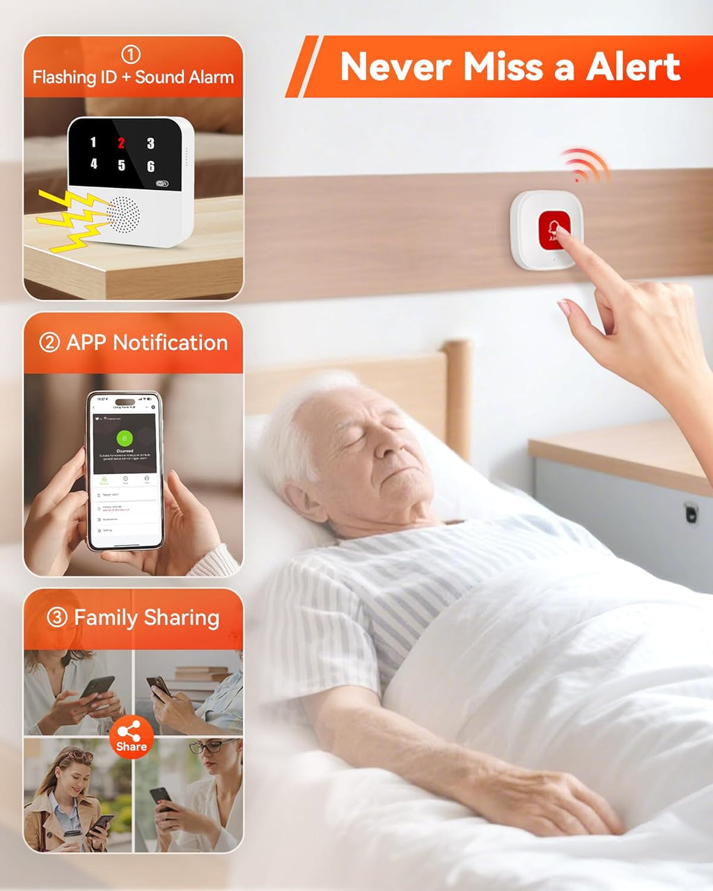PILSAMSA WiFi Caregiver Pager Wireless Call Button with Flashing Caller ID & App Alerts, 3 Waterproof Panic Button, Life Alert Systems for Seniors No Monthly Fee, Alert Button for Seniors at Home