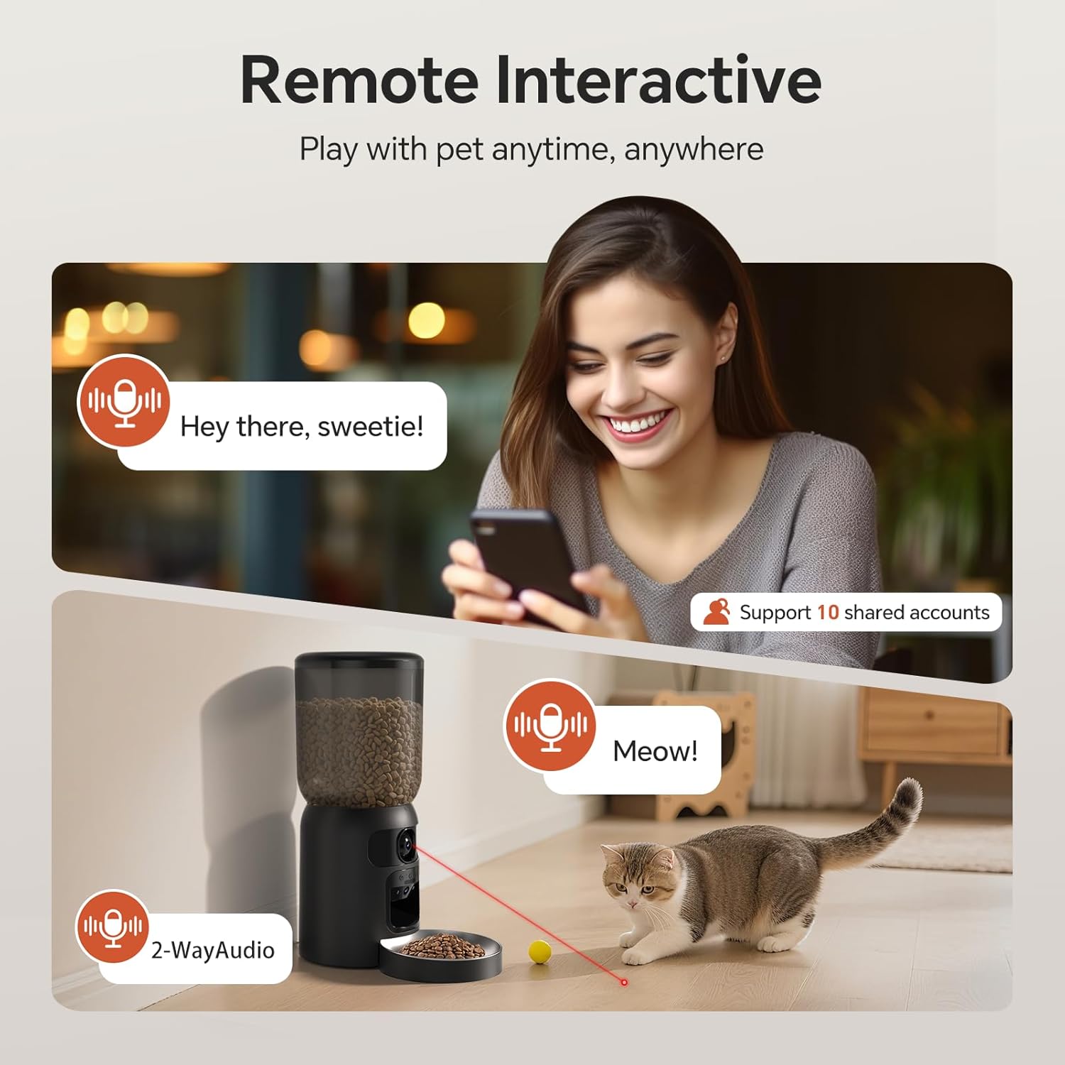 Automatic Cat Feeder with Dual 2K HD Camera, Smart Pet Food Dispenser for Timed Meals, APP Control Laser Interactive Toy Treat Feeders with 2.4G / 5G WiFi, Black