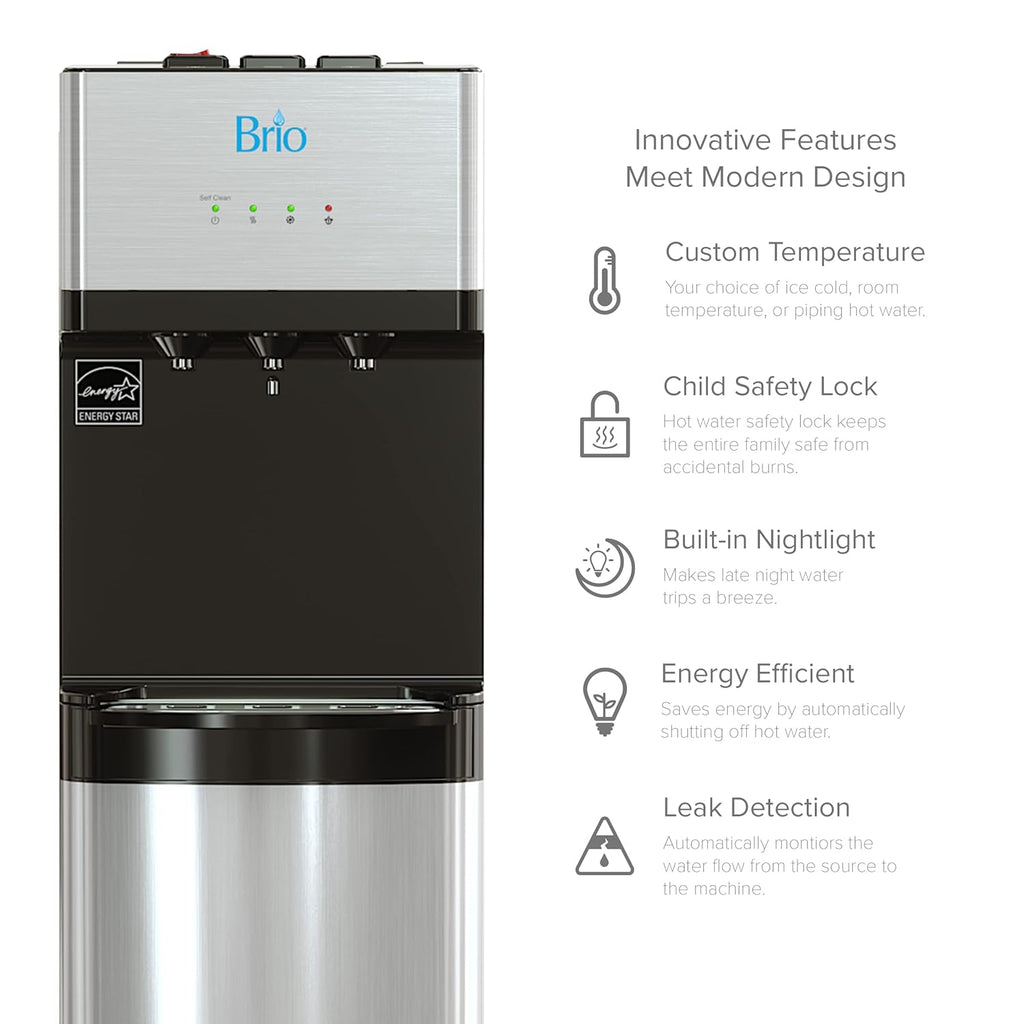 Brio 520 UV Self-Cleaning Bottleless Water Cooler Dispenser, UL Certified | Built-in 2 Stage Filtration (2 Free Replacement Filters Included) Reduces PFAS & Microplastics | 3 Temp (Hot Cold, Room)