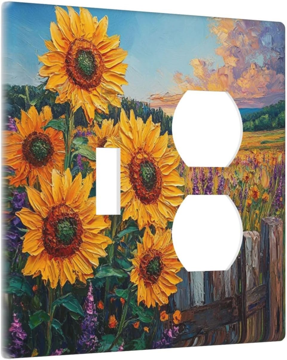 Decorative Outlet Covers Rustic Wilderness Sunflower Lavender Muzha Oil Painting 2 Gang Wall Plate Cover Single Toggle Duplex Combo Light Switch Cover Plate Faceplate