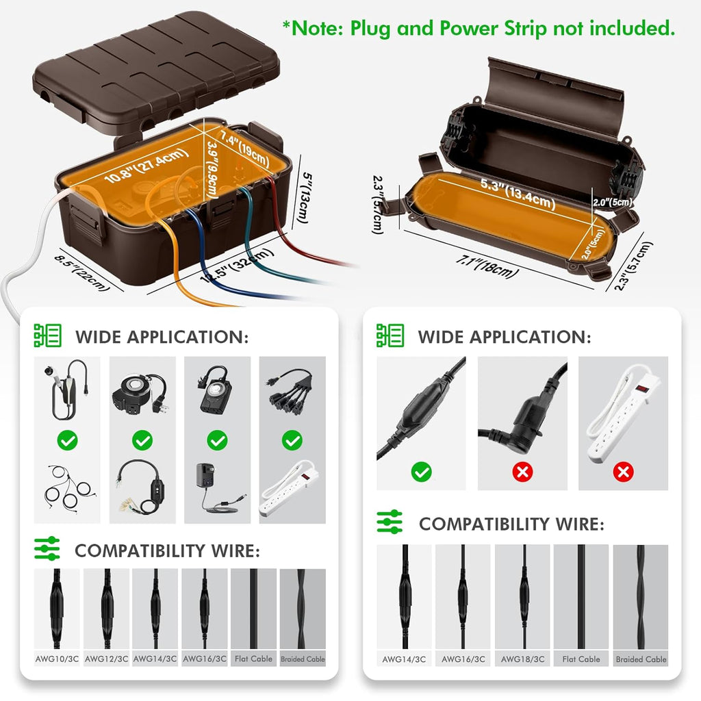 RESTMO 5-Piece Outdoor Waterproof Electrical Box Set – 12.5" x 8.5" x 5" Large & 7.1" x 2.3" x 2.3" Small, Weatherproof Boxes for Power Strip, Outlet, Plug, Socket, Timer, Holiday Light, Brown
