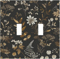 Decorative Switch Plates Black Gold Floral Dark Leaves Vintage Flowers 2 Gang Double Toggle Outlet Light Switch Cover Wall Plate Electrical Faceplate for Bed Room Home Decor