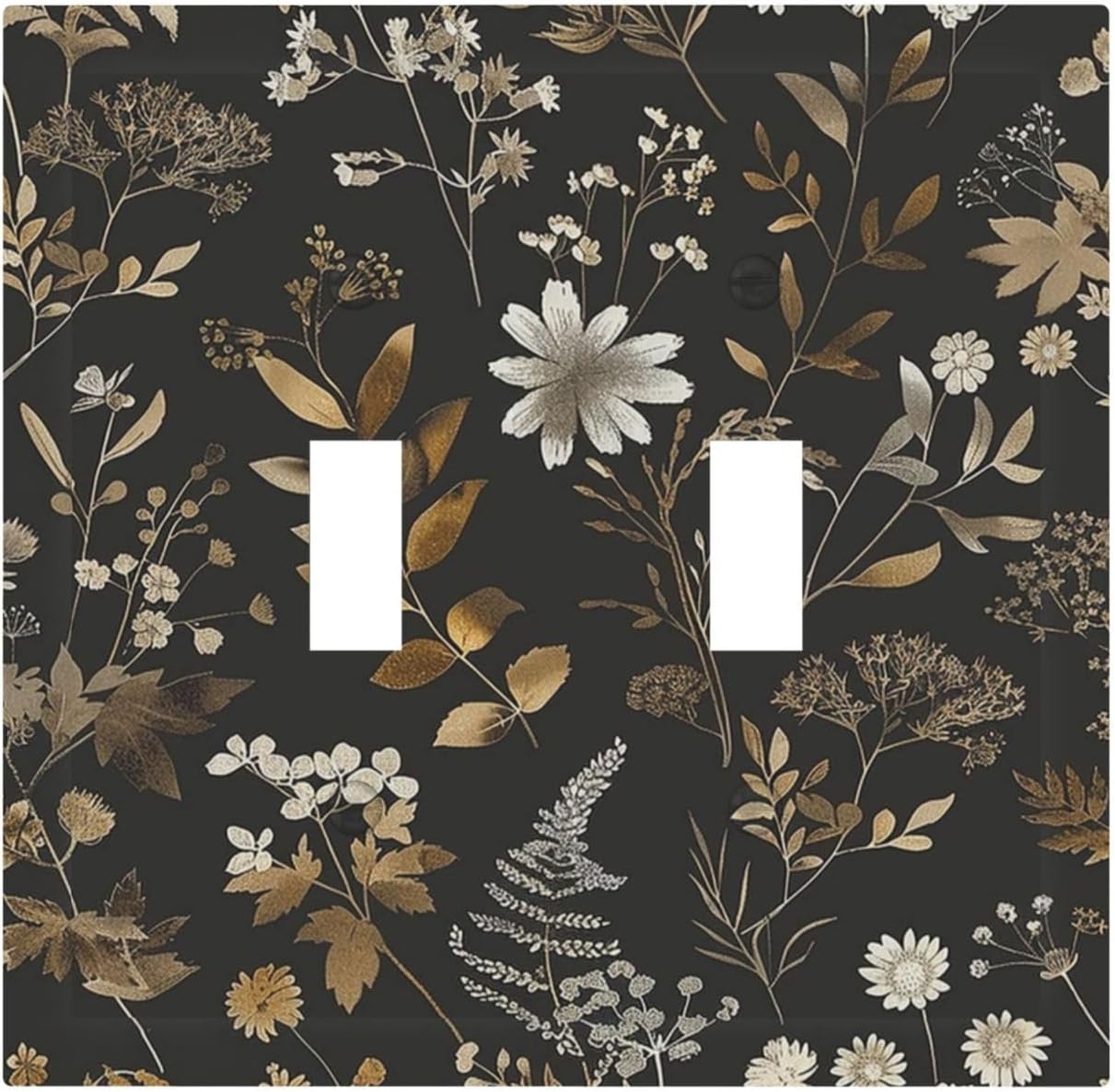 Decorative Switch Plates Black Gold Floral Dark Leaves Vintage Flowers 2 Gang Double Toggle Outlet Light Switch Cover Wall Plate Electrical Faceplate for Bed Room Home Decor