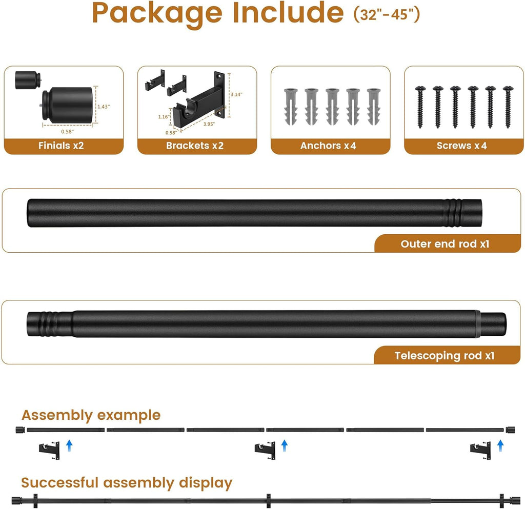 Black Aluminium Curtain Rods for Windows,1 Inch Adjustable Curtain Rod 32-45,Heavy Duty Drapery Rods with Thicken Bracket,Decorative Modern Single Rod with Aluminium Finials