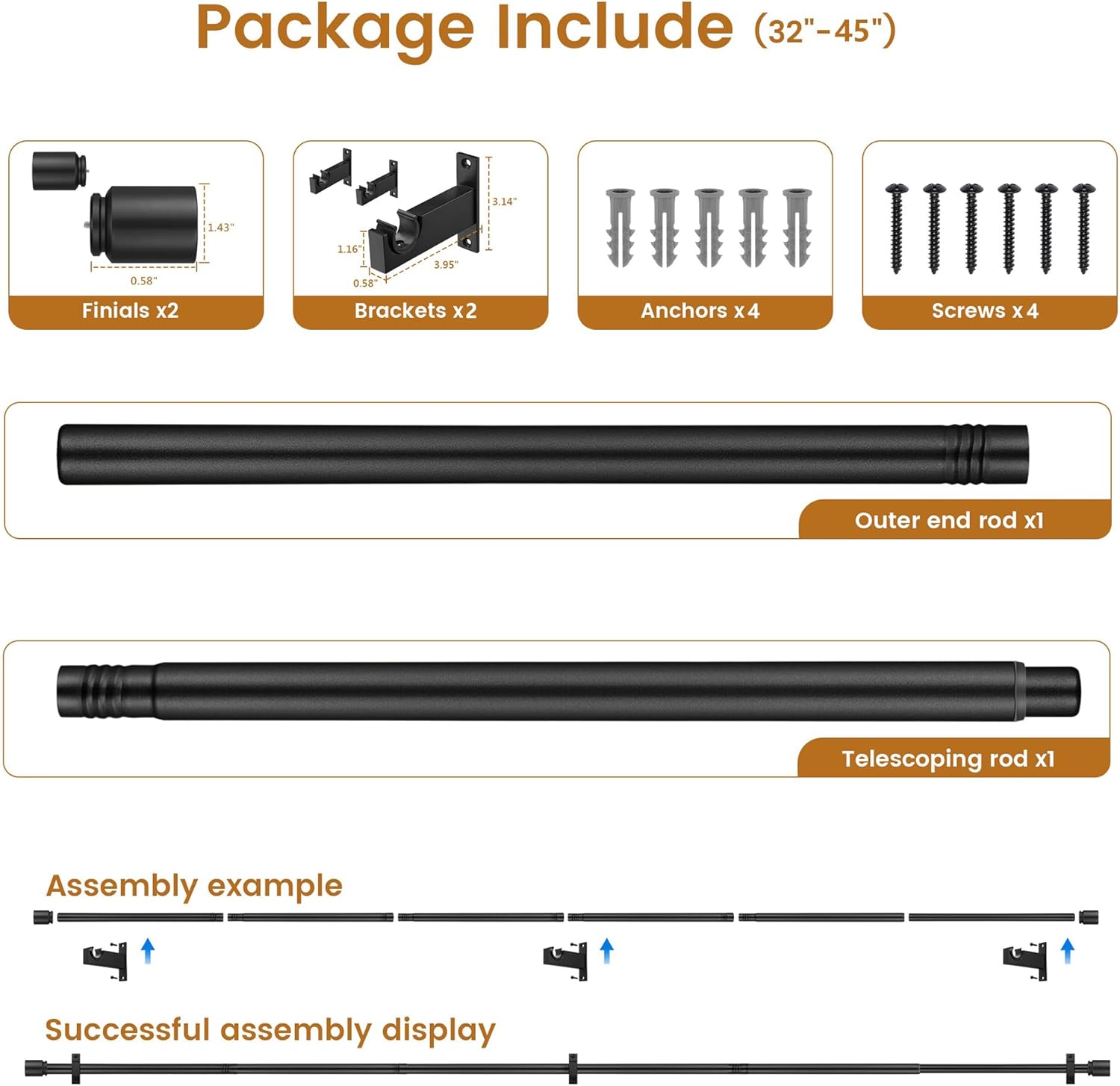 Black Aluminium Curtain Rods for Windows,1 Inch Adjustable Curtain Rod 32-45,Heavy Duty Drapery Rods with Thicken Bracket,Decorative Modern Single Rod with Aluminium Finials