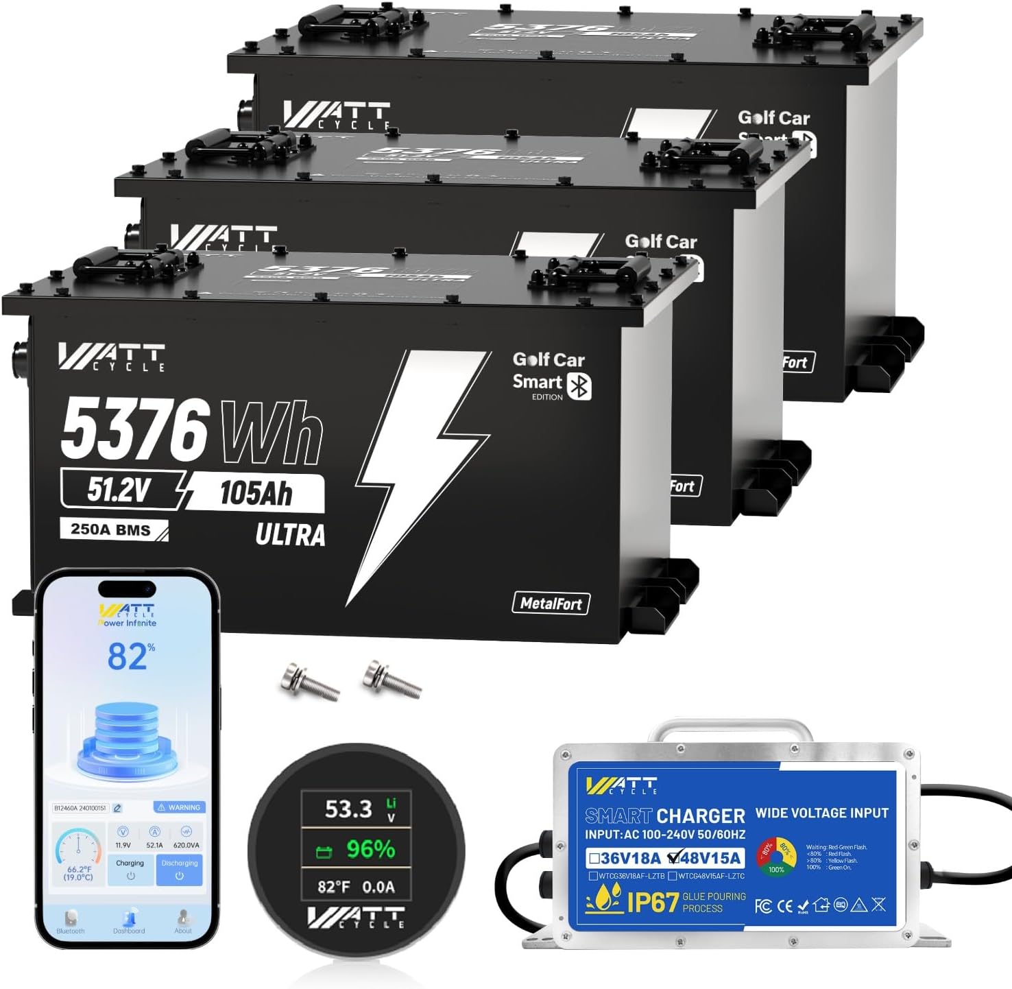 WattCycle 48V 105Ah Golf Cart Batteries 3 Pack, 48V Lithium Battery 250A BMS with 15A Charger, LiFePO4 Battery 15000+ Deep Cycles, IP65 Waterproof Marine Batteries, Built-in Bluetooth, Perfect for RV