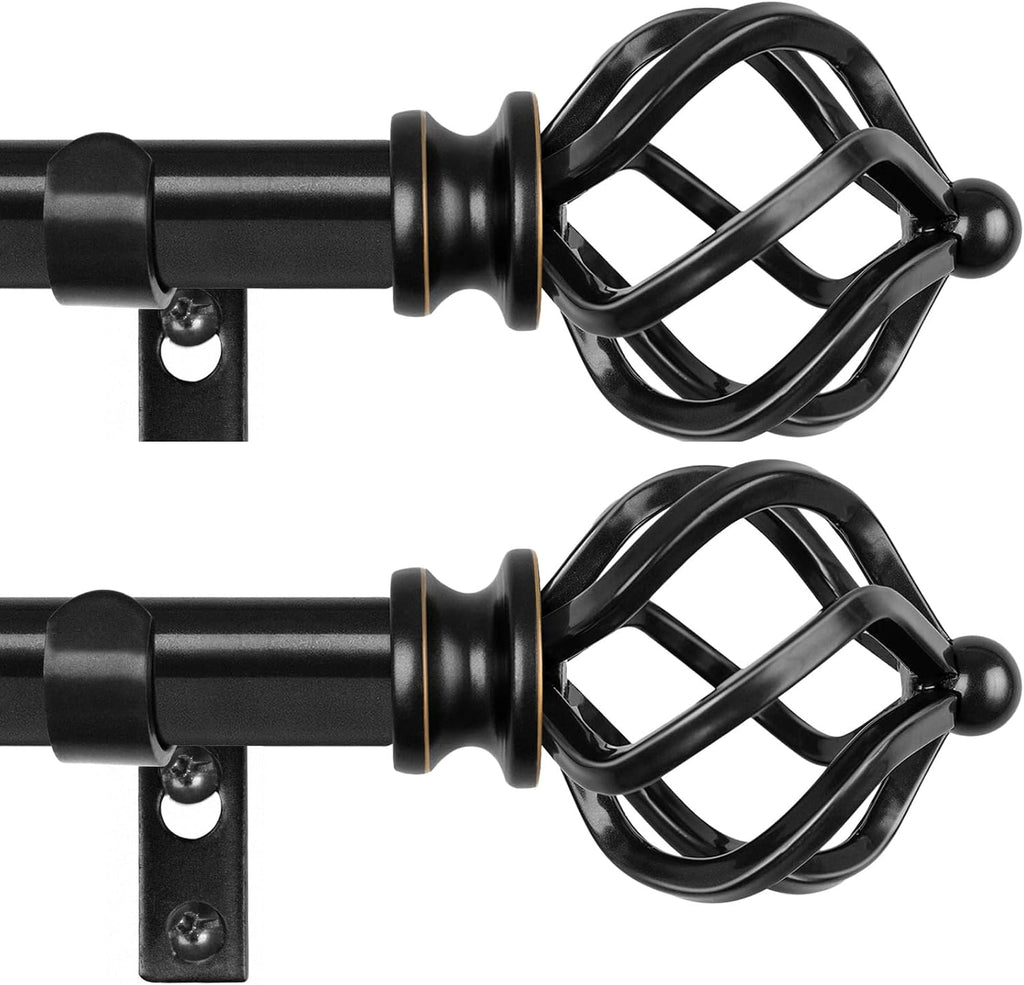 KAMANINA 2 Pack Curtain Rods 32 to 58 Inches (2.6-4.8ft), 3/4 Inch Black Curtain Rods for Windows Splicing Adjustable Single Drapery Rod with Twisted Cage Finial, for Indoor and Outdoor