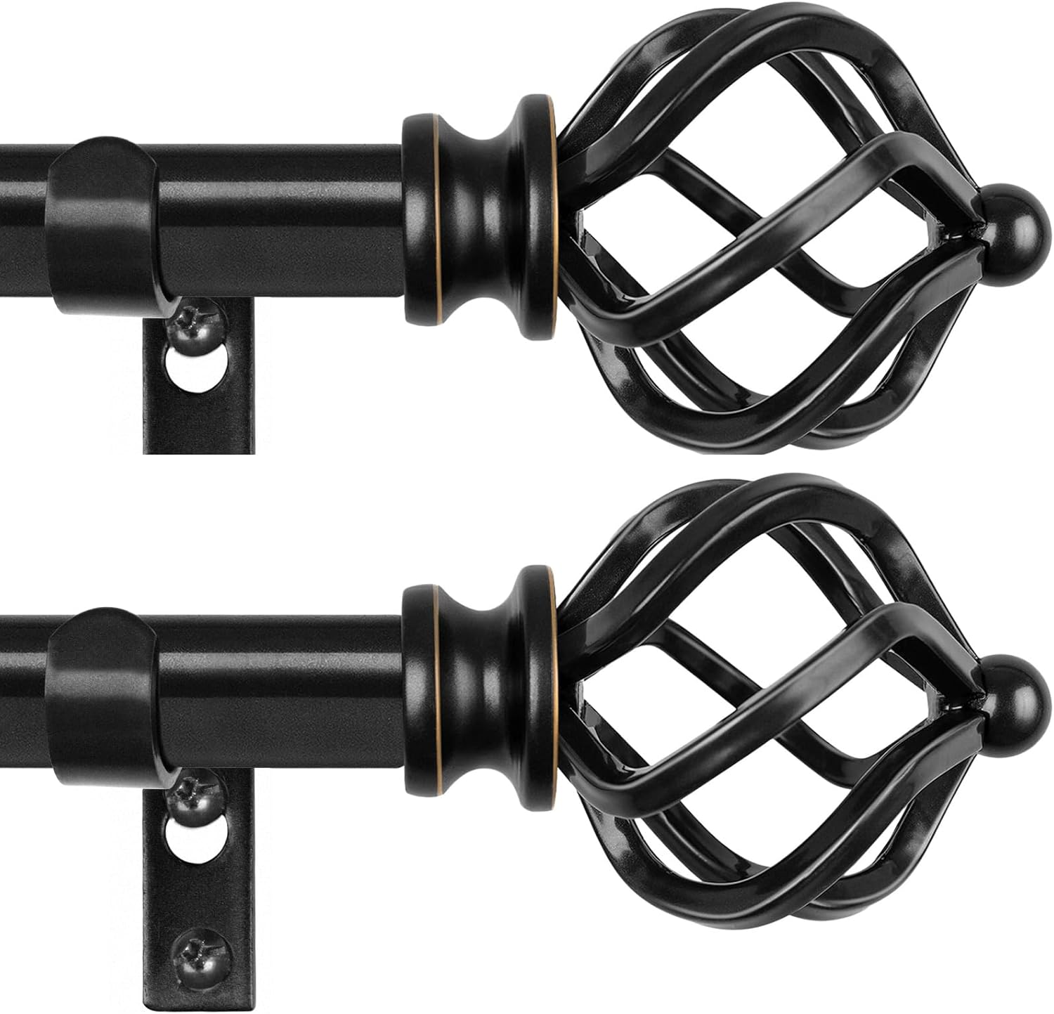 KAMANINA 2 Pack Curtain Rods 32 to 86 Inches (2.6-7.1ft), 3/4 Inch Black Curtain Rods for Windows Splicing Adjustable Single Drapery Rod with Twisted Cage Finial, for Indoor and Outdoor