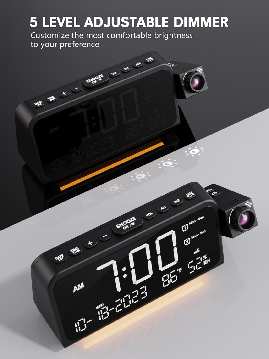 Mesqool Projection Alarm Clock for Bedroom, Digital Clock with Projection on Ceiling with Night Light, Date, Temperature, Humidity, Type-C USB Charger, Snooze, Dual Alarms, Dimmer,12/24H