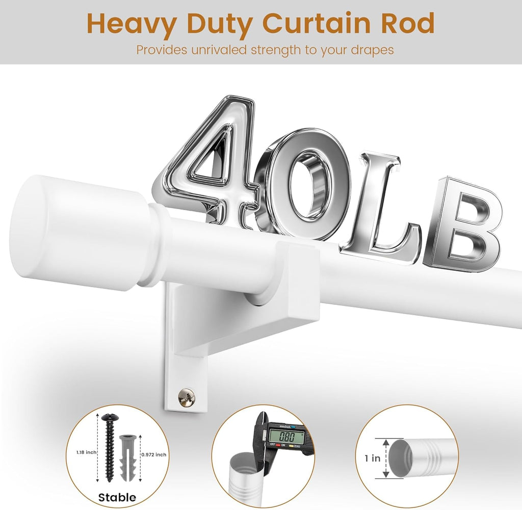 White Aluminium Curtain Rods for Windows,1 Inch Adjustable Curtain Rod 48 to 84 Inch,Heavy Duty Drapery Rods with Thicken Bracket,Modern Single Rod with Aluminium Finials