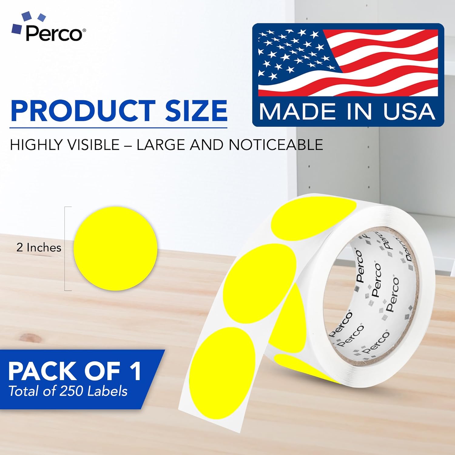 Perco Fluorescent Yellow 2-Inch Perforated Circle Dot Sticker Labels — 250 Round Stickers Per Roll — with Permanent Adhesive for Organizing, Color Coding, Bin Labeling, Packaging Alerts — Made in USA
