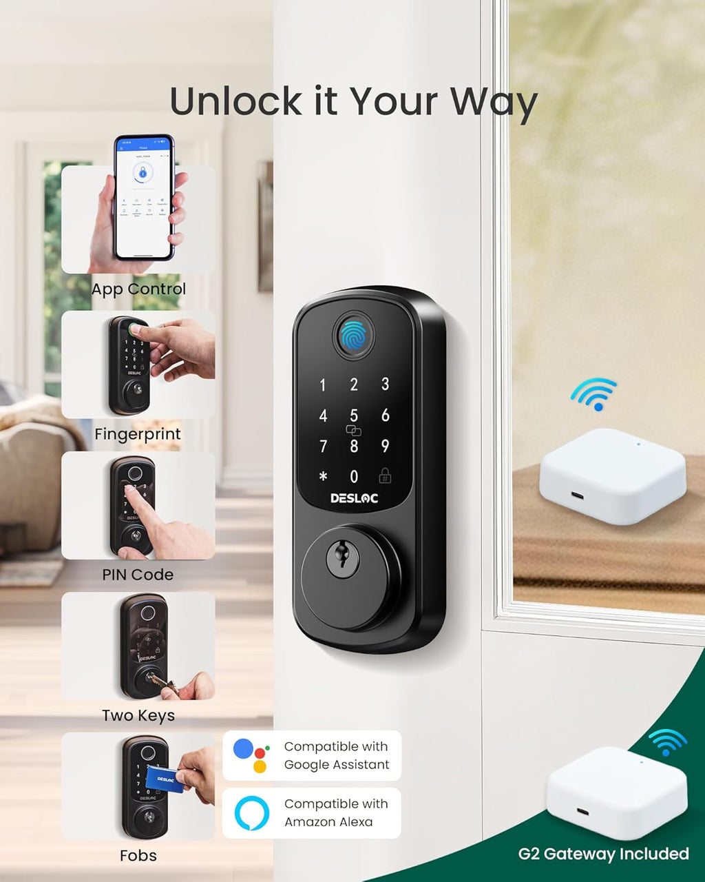 DESLOC Smart Lock B200 WiFi Version, Fingerprint Keyless Entry Door Lock, App Remote Control, Smart Locks for Front Door, WiFi Deadbolt Smart Lock, Emergency Power Port,12 Months Battery, Auto Lock
