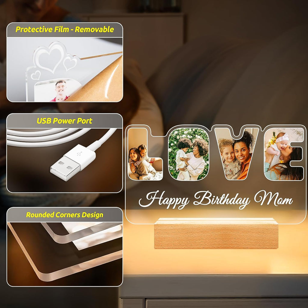 Custom Collage Picture Frames with Photo, Customized LOVE Photo Frame with Night Light, Personalized Picture Frame, Personalized Birthday Valentines Day Gifts for Women Men Mom Dad Baby Kids Family