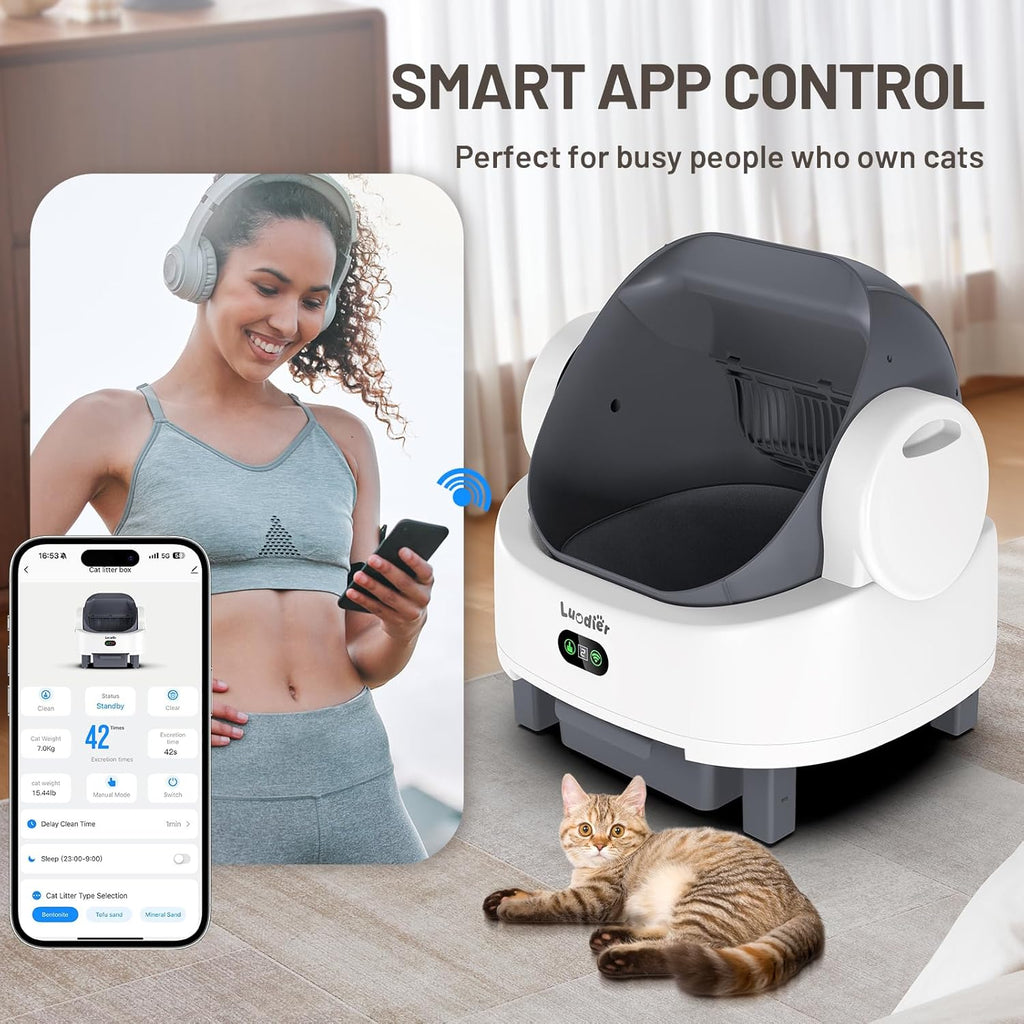 Self Cleaning Litter Box, Automatic Cat Litter Box Self Cleaning with APP Control, Odor-Free Waste Disposal Includes Trash Bags, Triple Safety Sensor, for Multiple Cats, Open-Top(White-Grey)