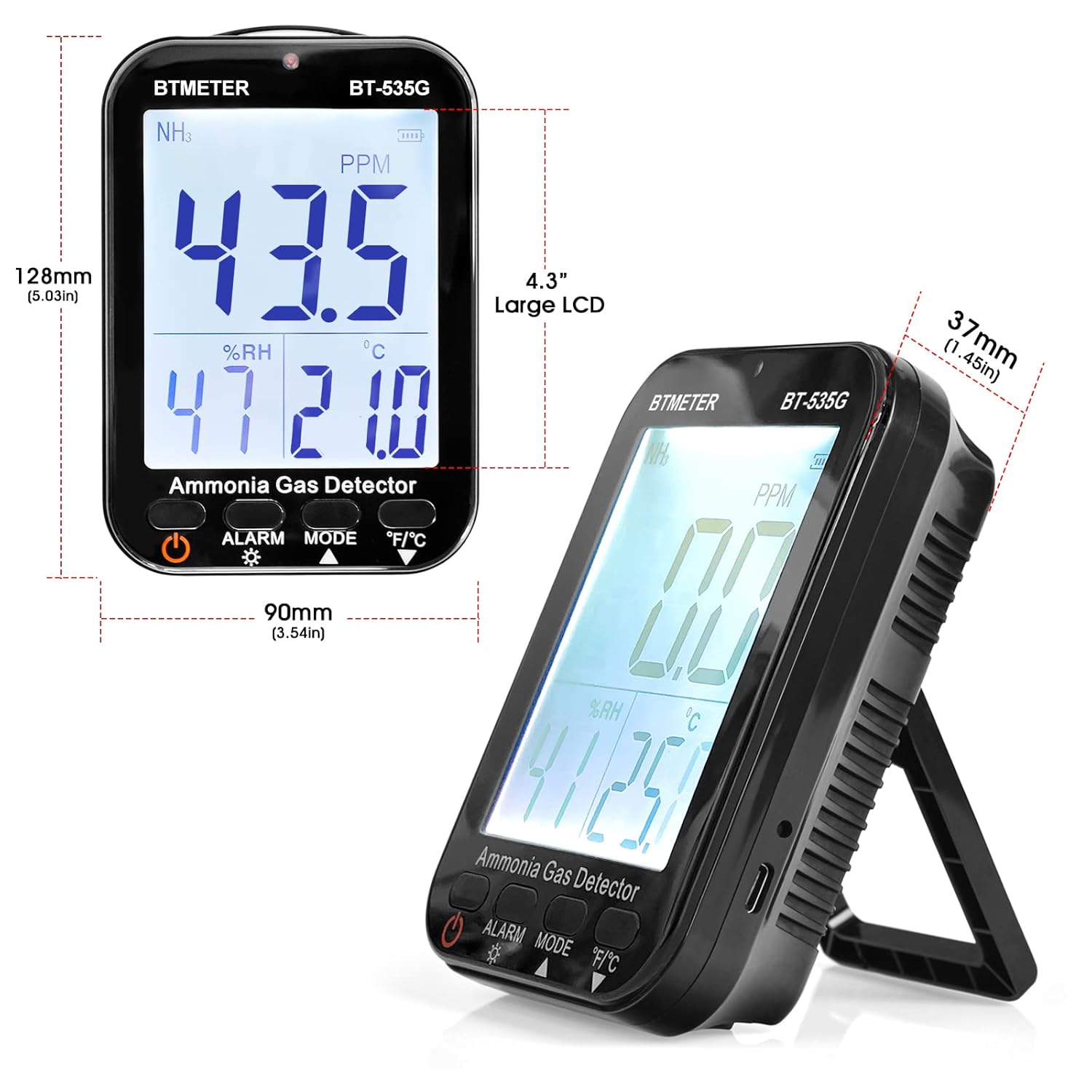 BTMETER Ammonia Gas Detector 535G, Air Quality Meter Monitor Indoor NH3 Gas 0~100 PPM, Relative Humidity and Temperature, Rechargeable Ammonia Gauge with Alarm, Backlit LCD Display