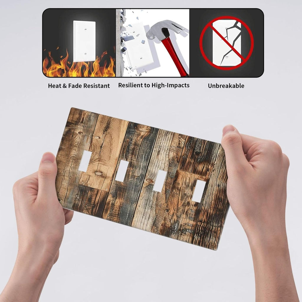 Light Switch Covers Rustic Brown Wood Pattern Splice Plank Quad Toggle Electrical Faceplate 4 Gang Wall Plate Decorative Switch Plates For Farmhouse Cabin Decor