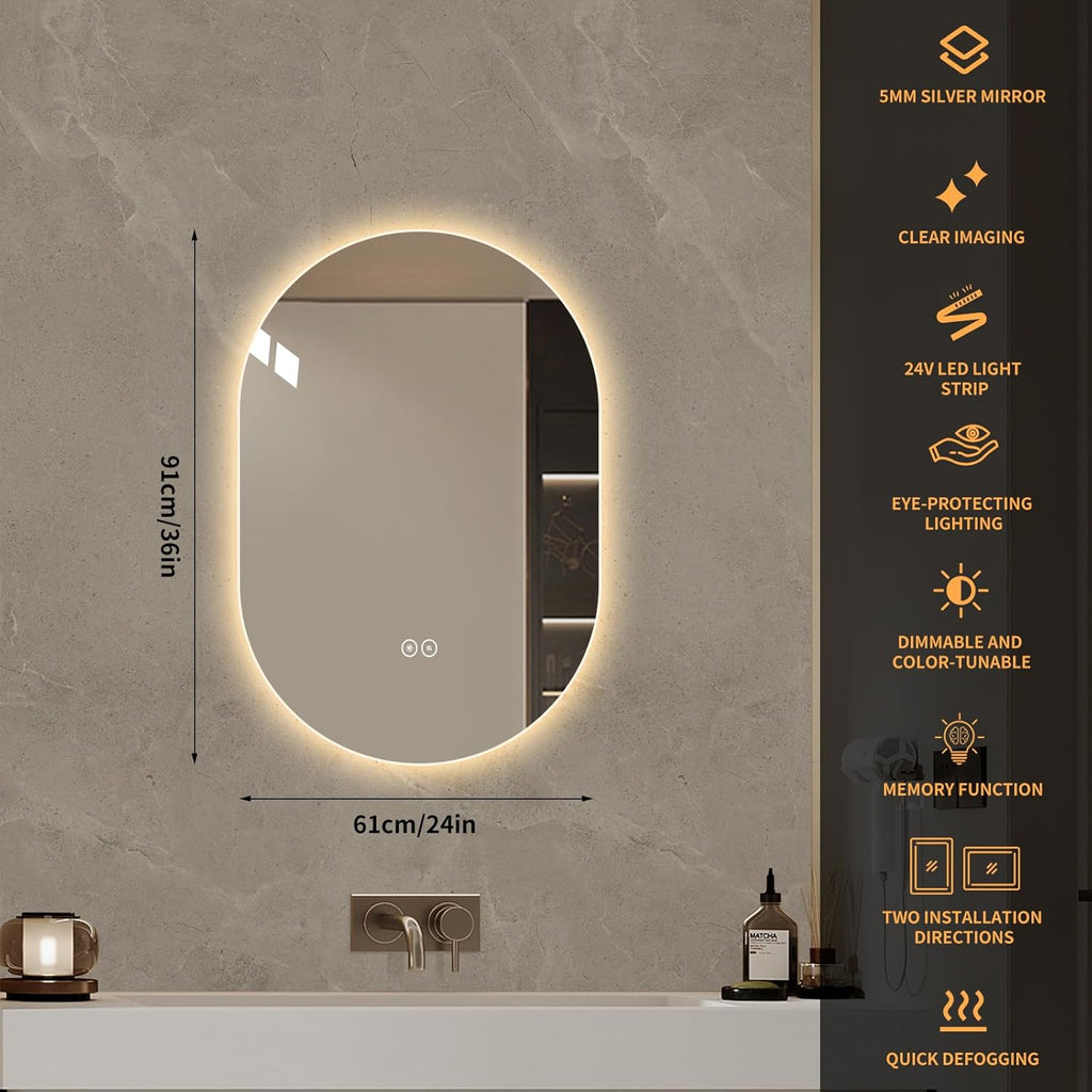 LAIYA 24V Full-Power Oval LED Bathroom Vanity Mirror, 36X24inch Frameless Backlit Mirror with Light, Smart Anti-Fog Waterproof Mirror with Memory Function Dimmable Lighted Mirror