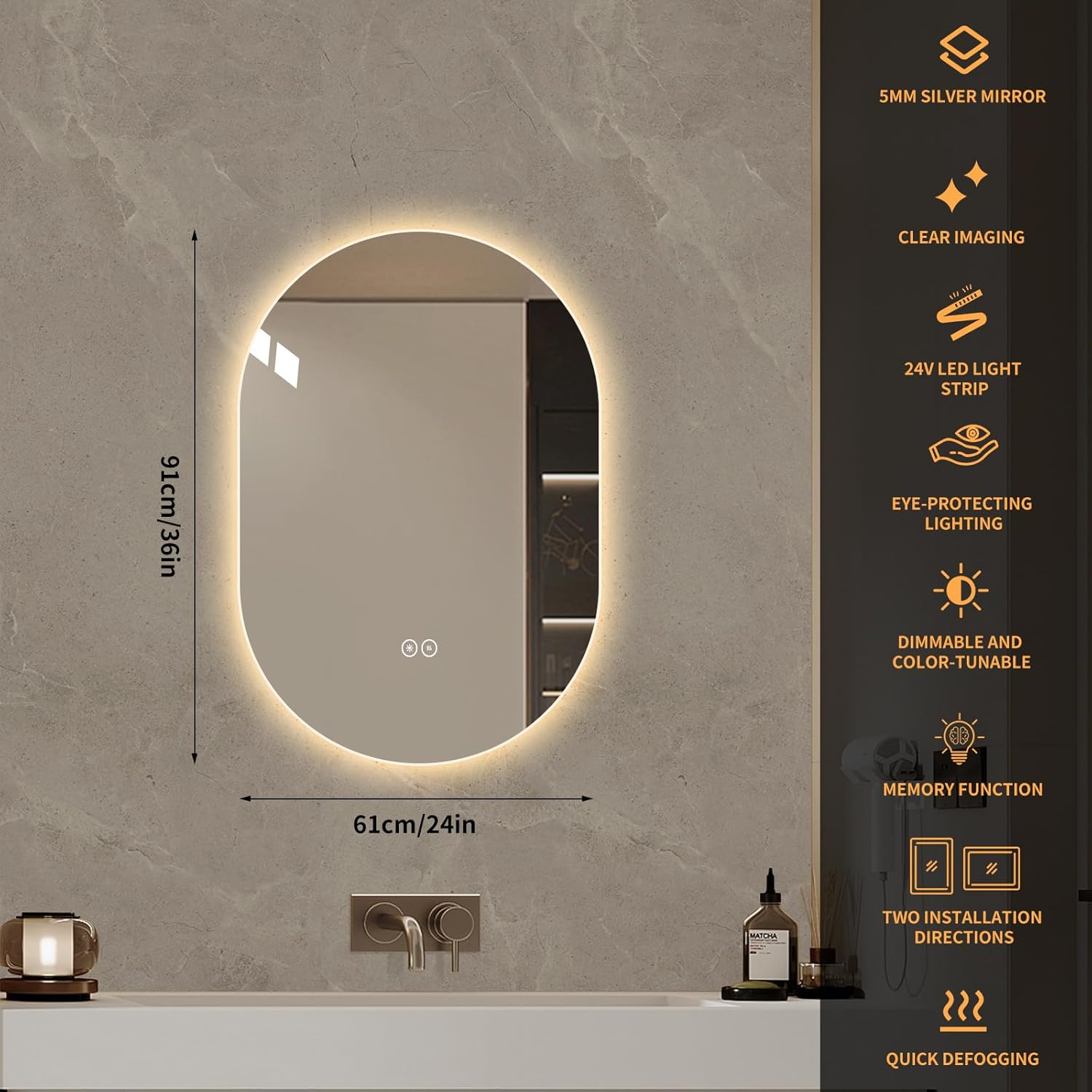 LAIYA 24V Full-Power Oval LED Bathroom Vanity Mirror, 36X24inch Frameless Backlit Mirror with Light, Smart Anti-Fog Waterproof Mirror with Memory Function Dimmable Lighted Mirror