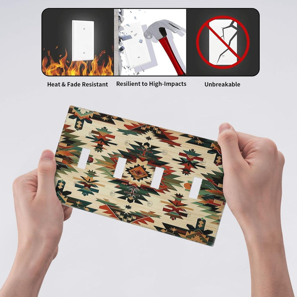 Light Switch Covers Southwest Rustic American Indian Aztec Boho Quad Toggle Electrical Faceplate 4 Gang Wall Plate Decorative Switch Plates for Bed Room living Room Decor