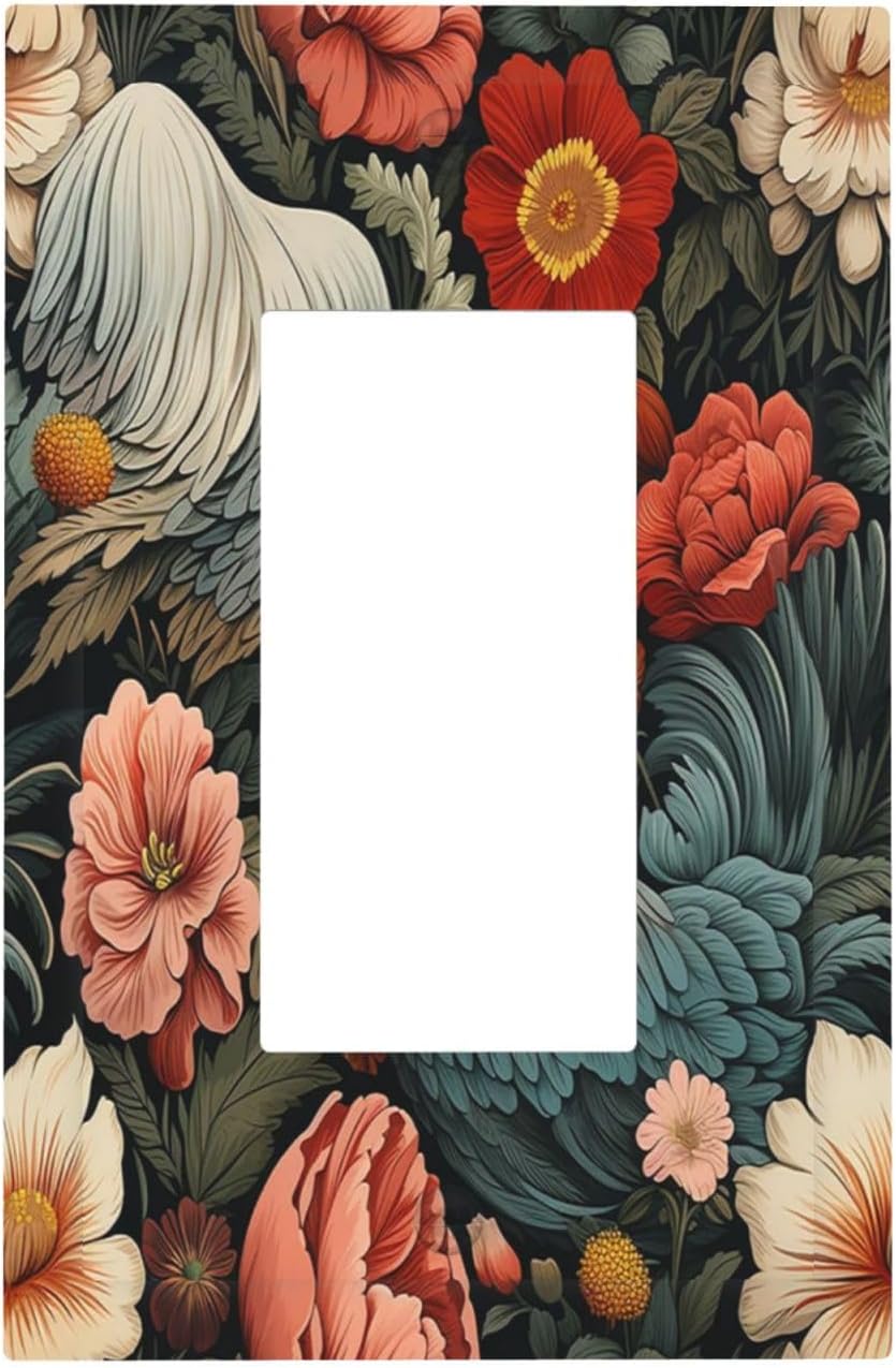 Decorative Outlet Covers Rooster Flowers Red White Chicken Floral 1 Gang Single Rocker Light Switch Cover Plate Wall Plates GFCI Faceplate for living Room Farmhouse Decor