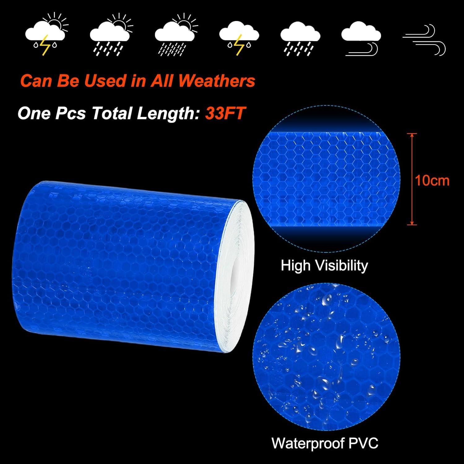 PATIKIL 4 Inch x 33 ft Reflective Tape, 1 Roll Waterproof Self Adhesive High Visibility Caution Warning Safety Tape Reflector with Scraper for Trucks Trailers Cars, Blue