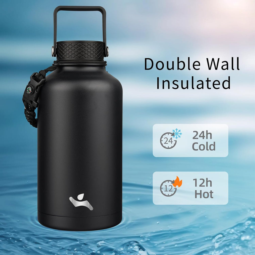 Half Gallon Insulated Water Bottle with Straw,64 oz 3 Lids Water Jug with Carrying Bag,Paracord Handle,Double Wall Vacuum Stainless Steel Metal Flask,Black