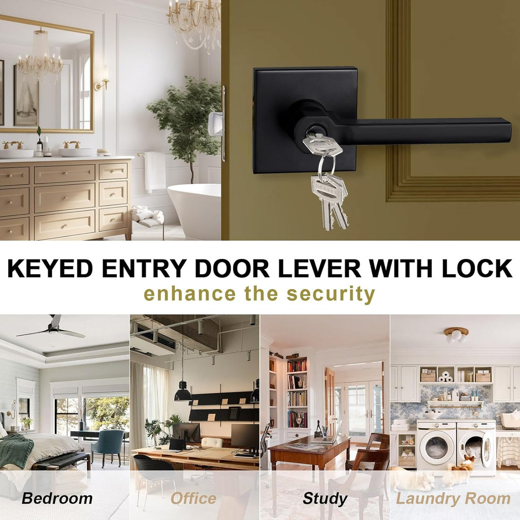 Keyed Entry Door Lever with Lock, Heavy Duty Square Interior Handle for Front Door and Office, Matte Black, Reversible for Right&Left Handed, 9Packs