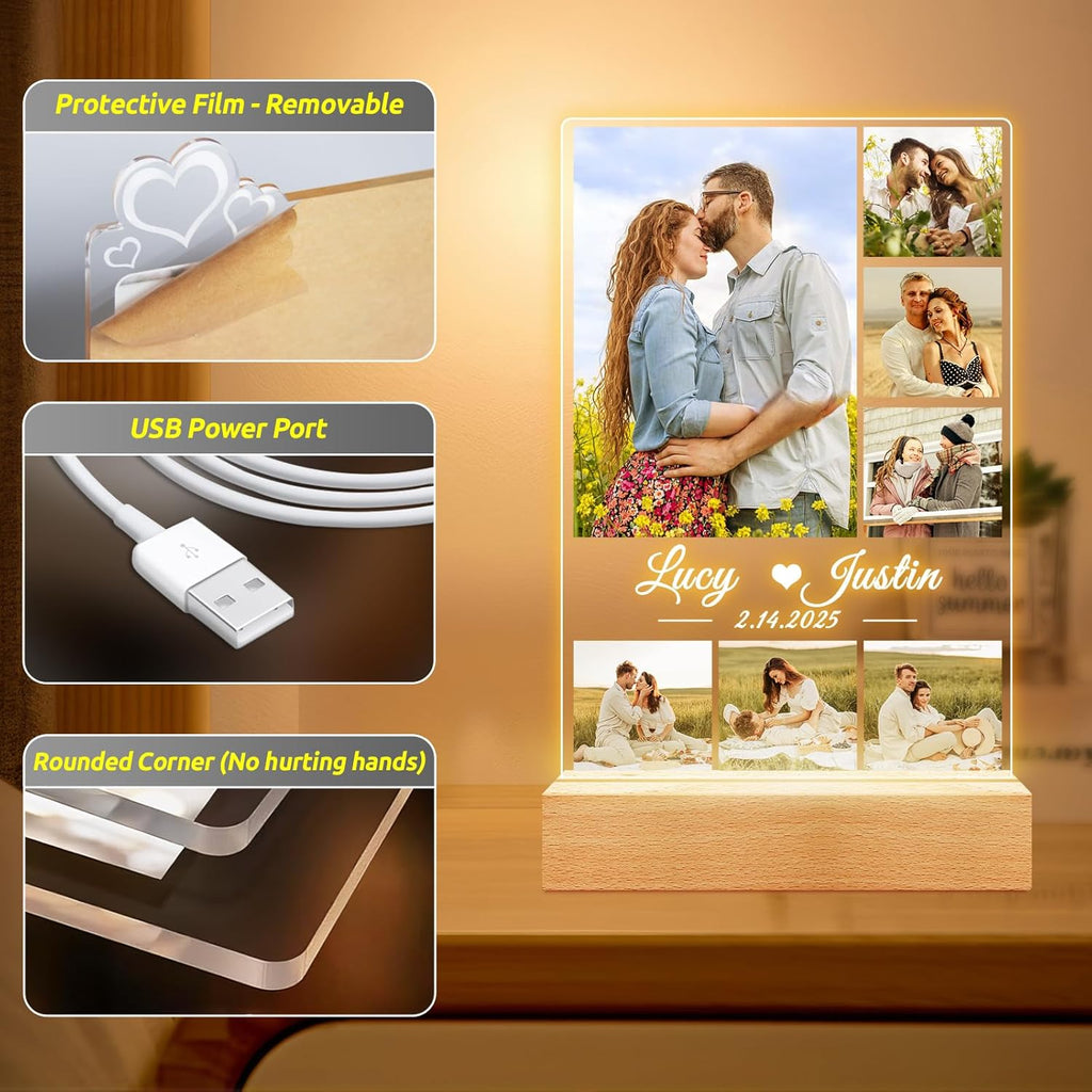 Custom Picture Frames, Personalized Picture Frame with Night Light, Customized Photo Frame, Personalized Anniversary Valentines Day Gifts for Women Men Her Him Girlfriend Boyfriend Couple Wife