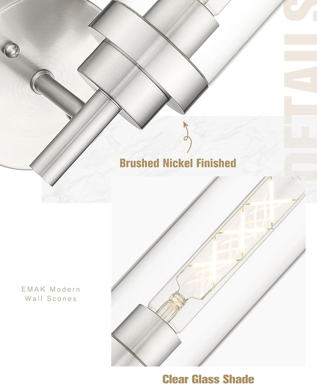 Emak Modern Wall Lights, Brushed Nickel Wall Sconces Set of 2, Bathroom Vanity Light with Clear Glass Shade for Bathroom, Bedroom, Living Room, Hallway, WS085-BN-2PK