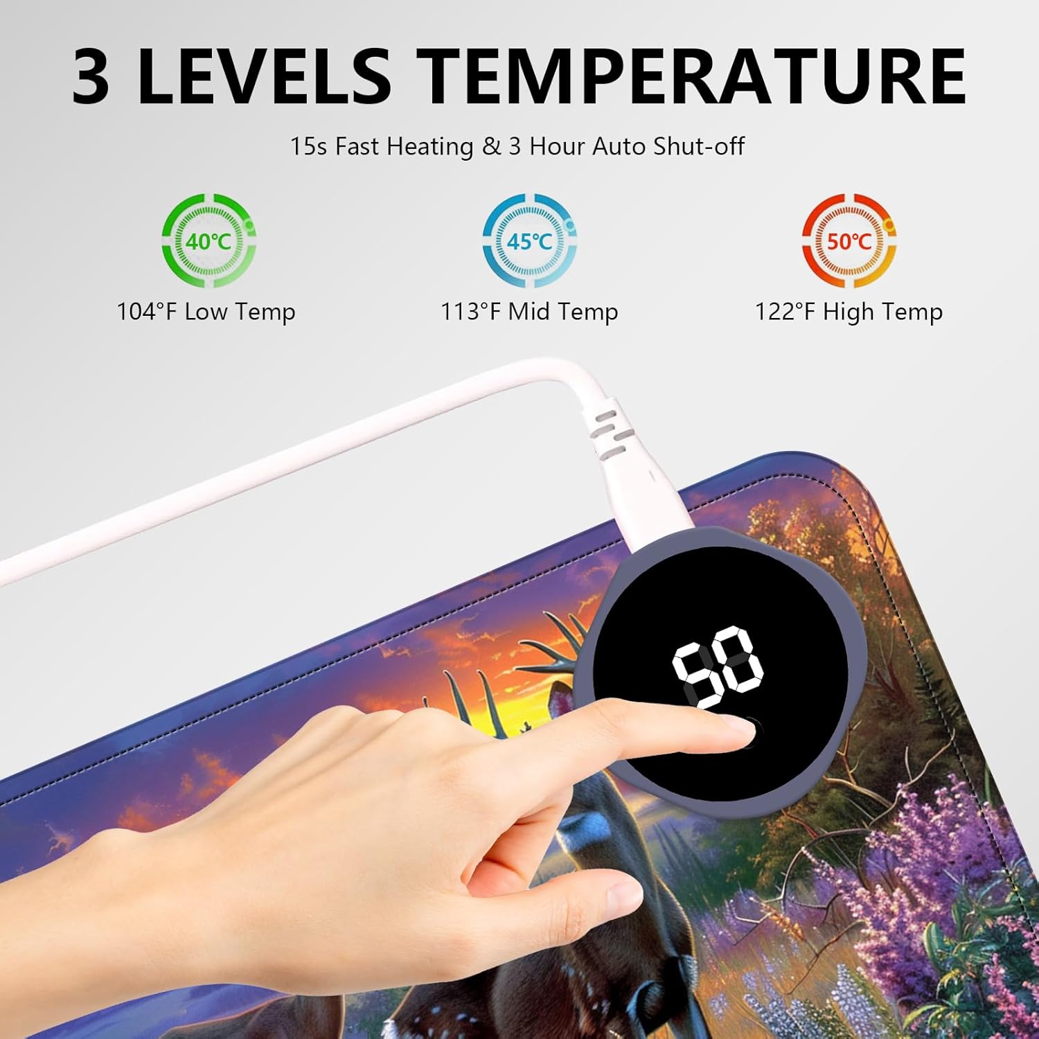 Heated Mouse Pad with 3 Levels Heated & 3 Hours Auto Shut-Off Mouse Pad for Warming Hands in Office Home, 23.6" x 14.2"Large Safe Desk Mat Hand Warmer，Elk Lavender