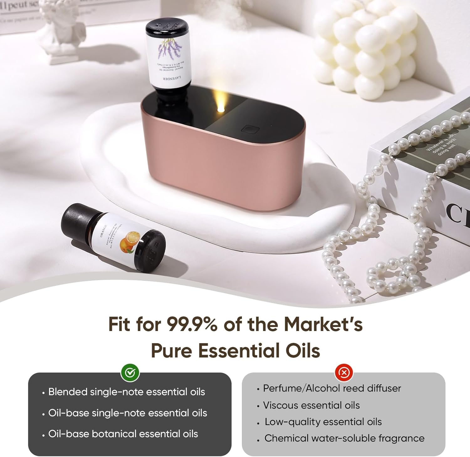 Waterless Diffuser for Essential Oil, Battery Operated Scent Air Aromatherapy Diffuser, Mini Aroma Diffusers with 3 Intermittent Mist Modes, Cycle Start for Home Office Bedroom - Rose Gold