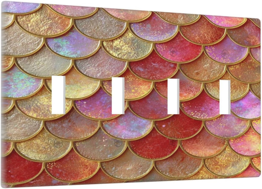 Mermaid Glitter Scale Rainbow Gold Fish Scales Light Switch Covers Quad Toggle Electrical Faceplate 4 Gang Wall Plate Decorative Switch Plates for Bed Room Home Decor